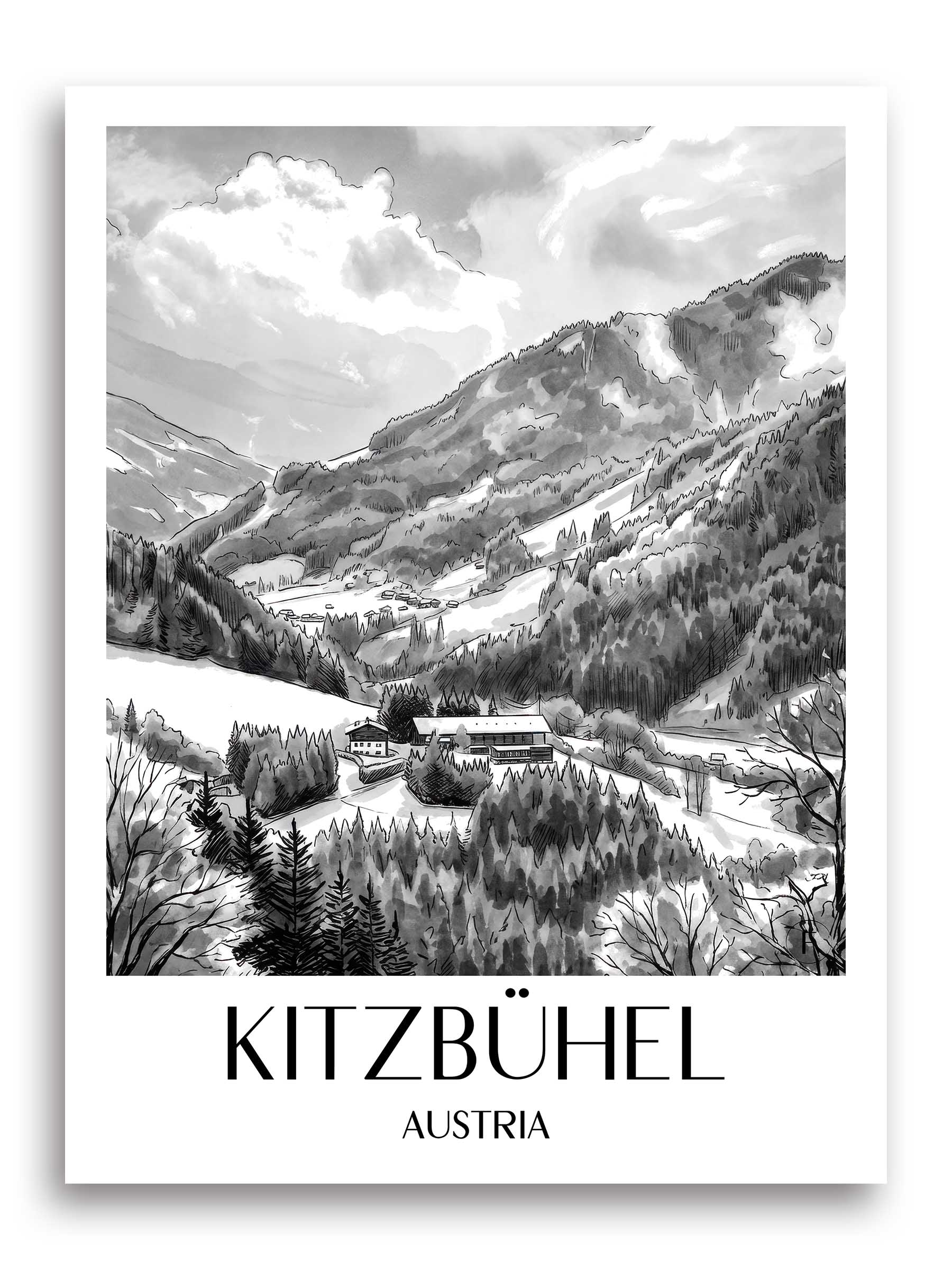 Kitzbühel Poster - - Österreich Kunstdruck - Aquarell Schwarz-Weiß von A4 bis A1 - favplace