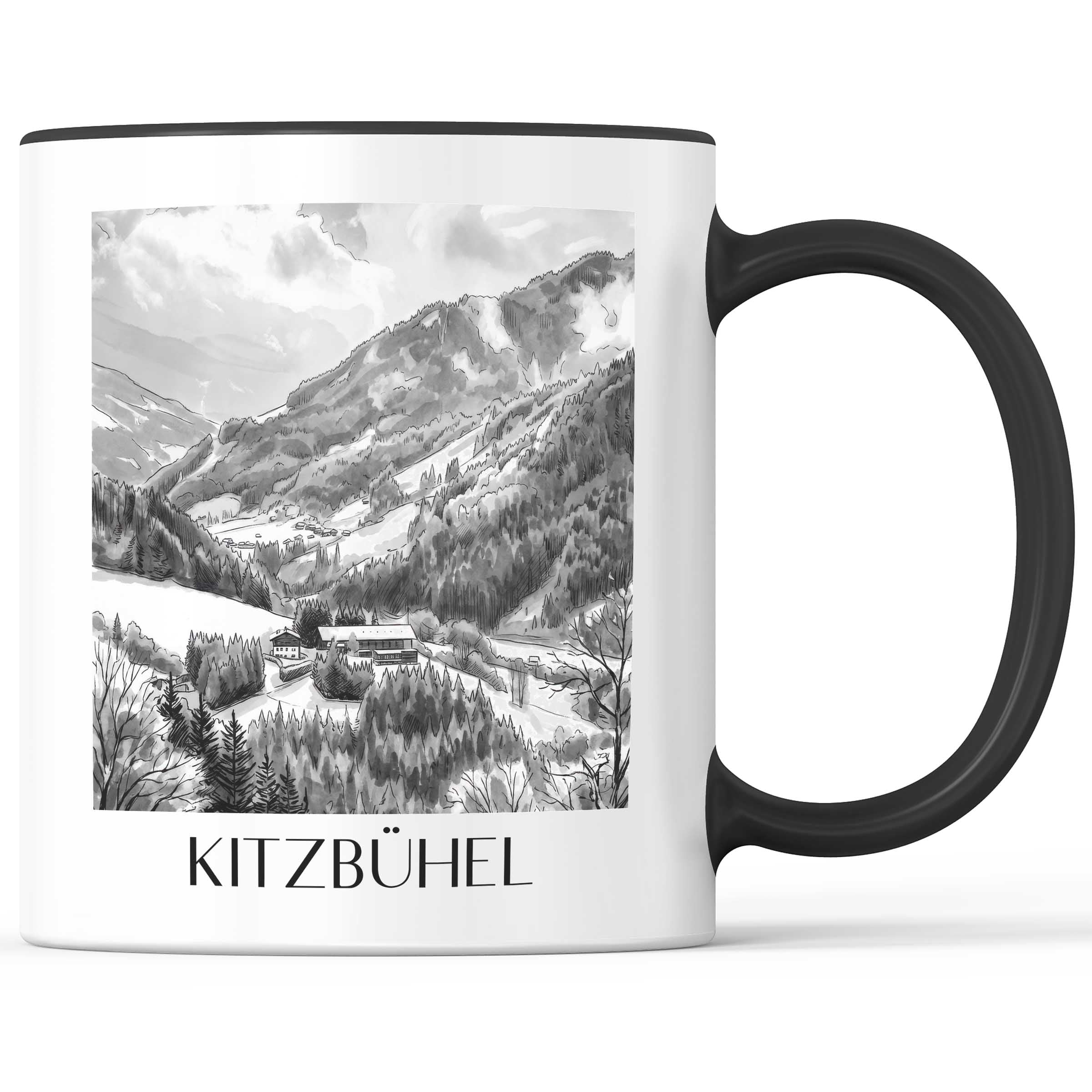 kitzbühel-österreich-kaffeebecher-aquarell-schwarz-weiss