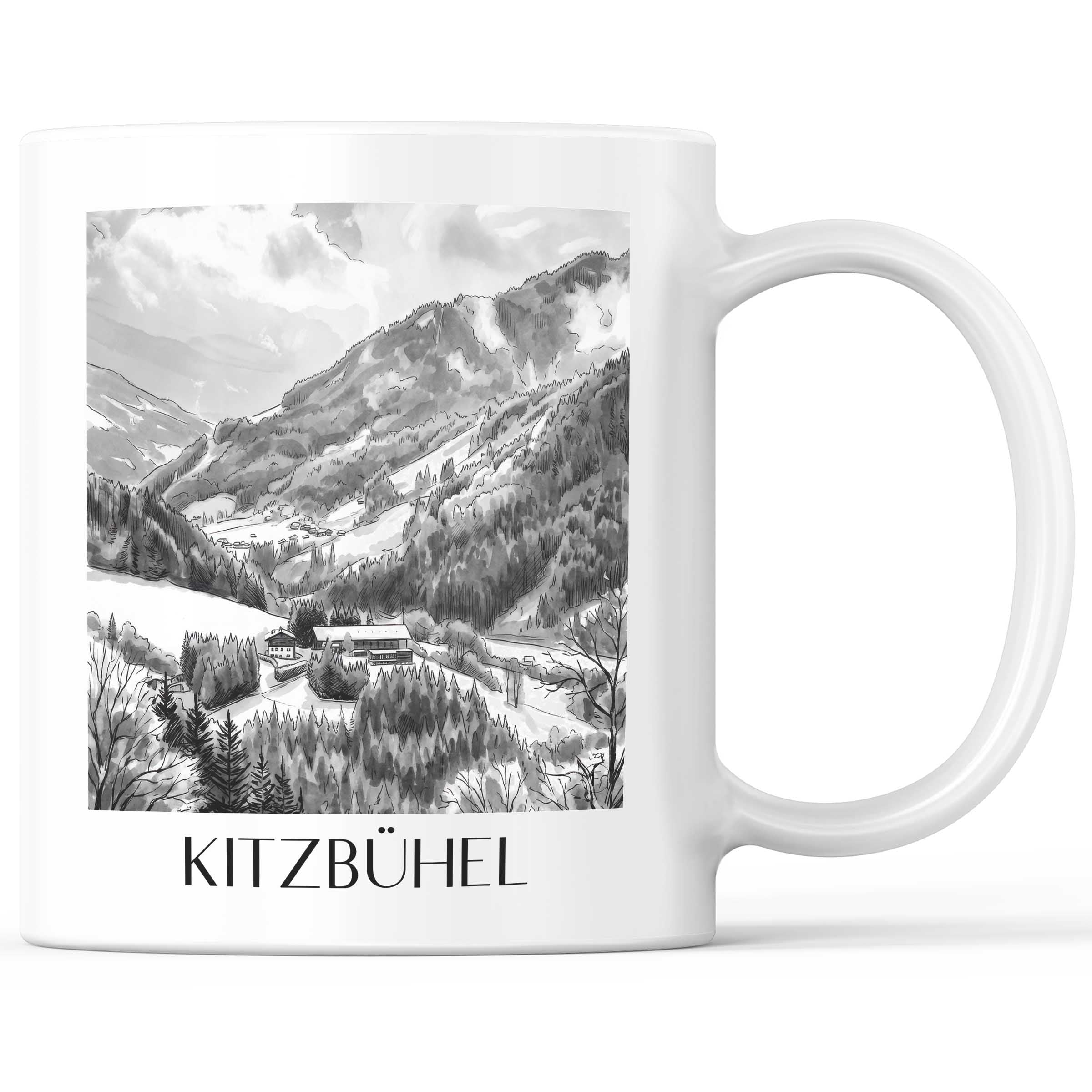 Kitzbühel - Österreich Becher - Kaffeetasse im Aquarell Schwarz-Weiß Stil - favplace