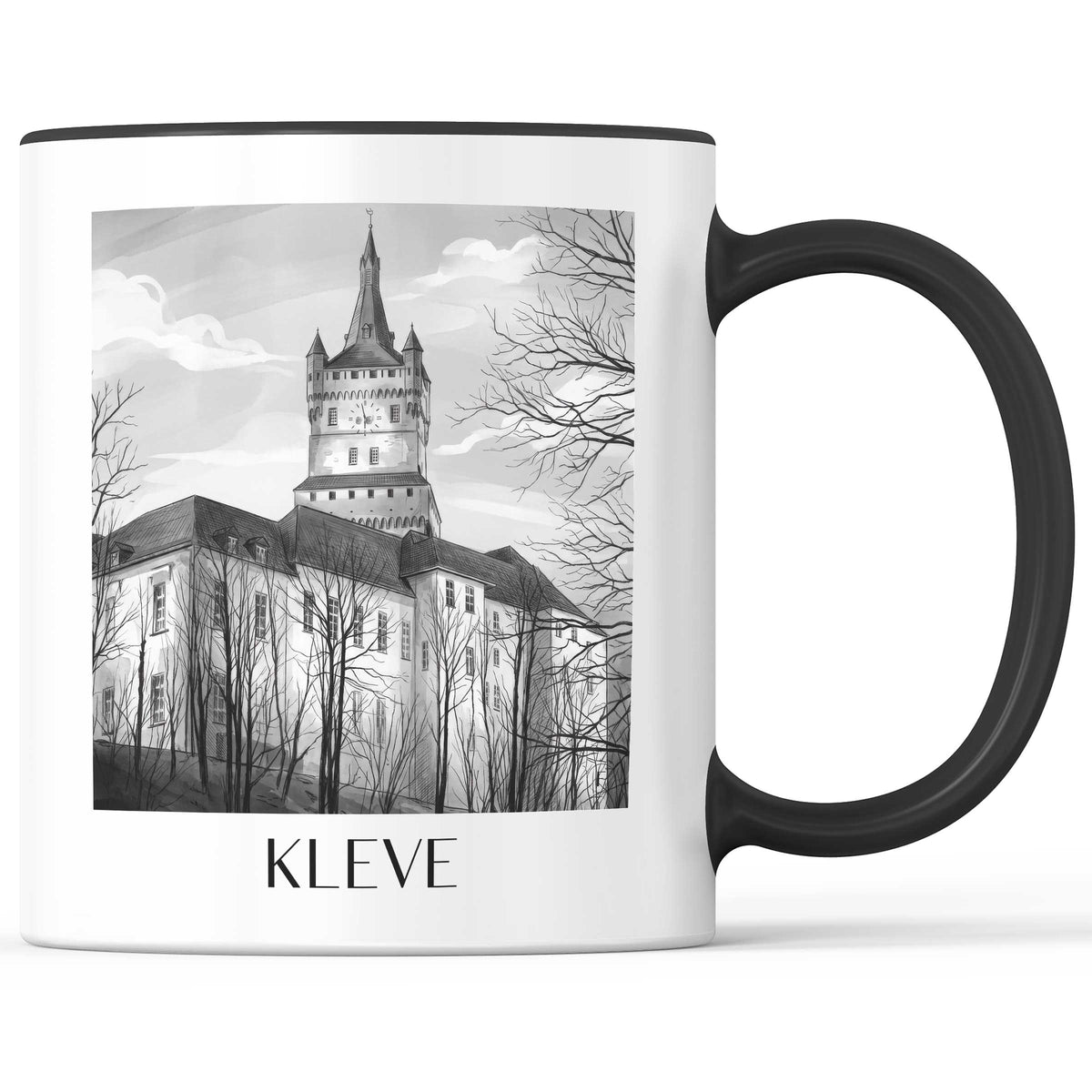 Kleve Kaffeebecher - Niederrhein - Deutschland Becher - Kaffeetasse im Aquarell Schwarz-Weiß Stil - favplace