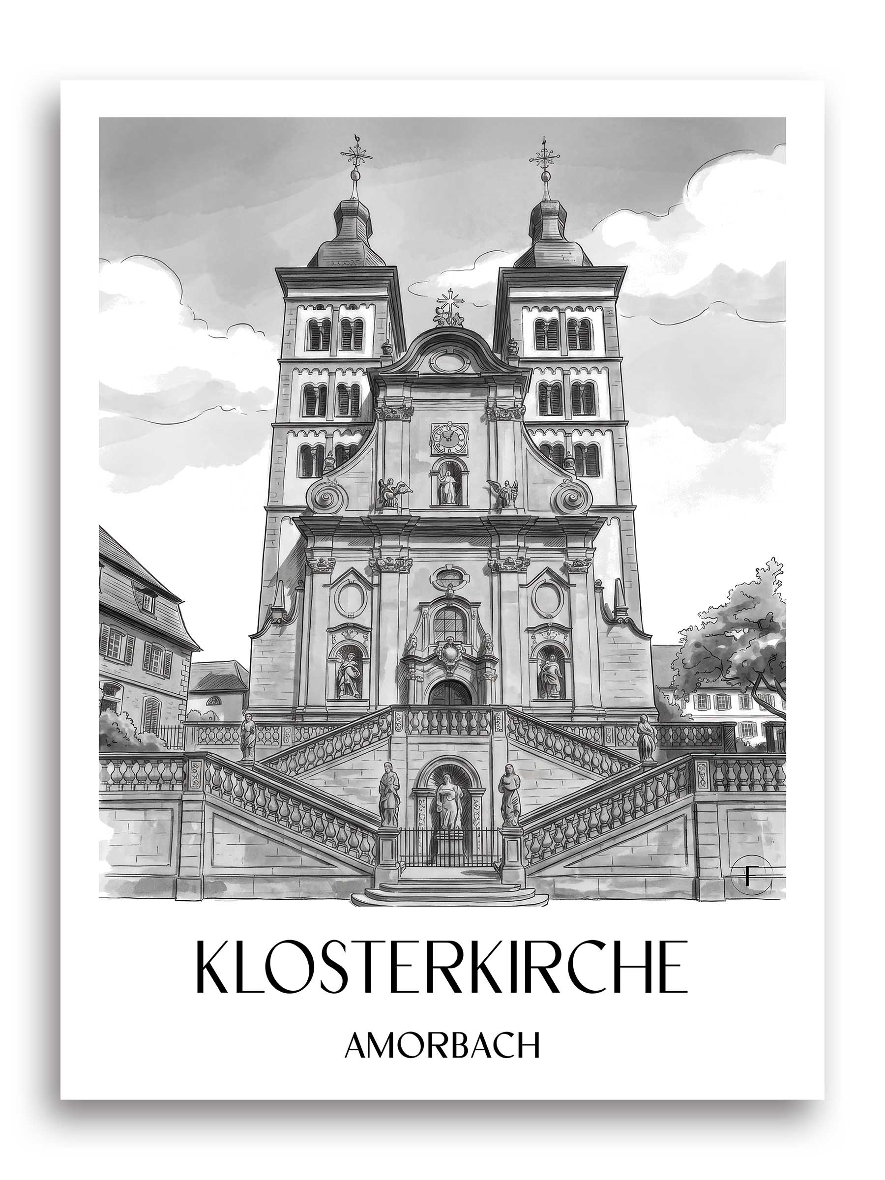 klosterkirche--amorbach-deutschland-poster-aquarell-schwarz-weiss