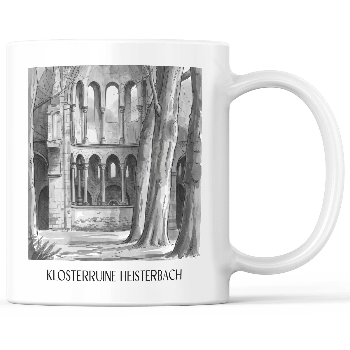 klosterruine-heisterbach-königswinter-deutschland-kaffeebecher-aquarell-schwarz-weiss