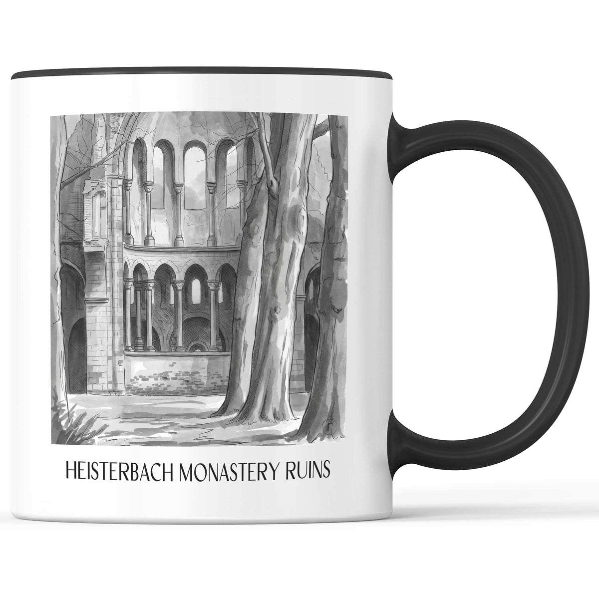 Klosterruine Heisterbach Kaffeebecher - Königswinter - Deutschland Becher - Kaffeetasse im Aquarell Schwarz-Weiß Stil - favplace