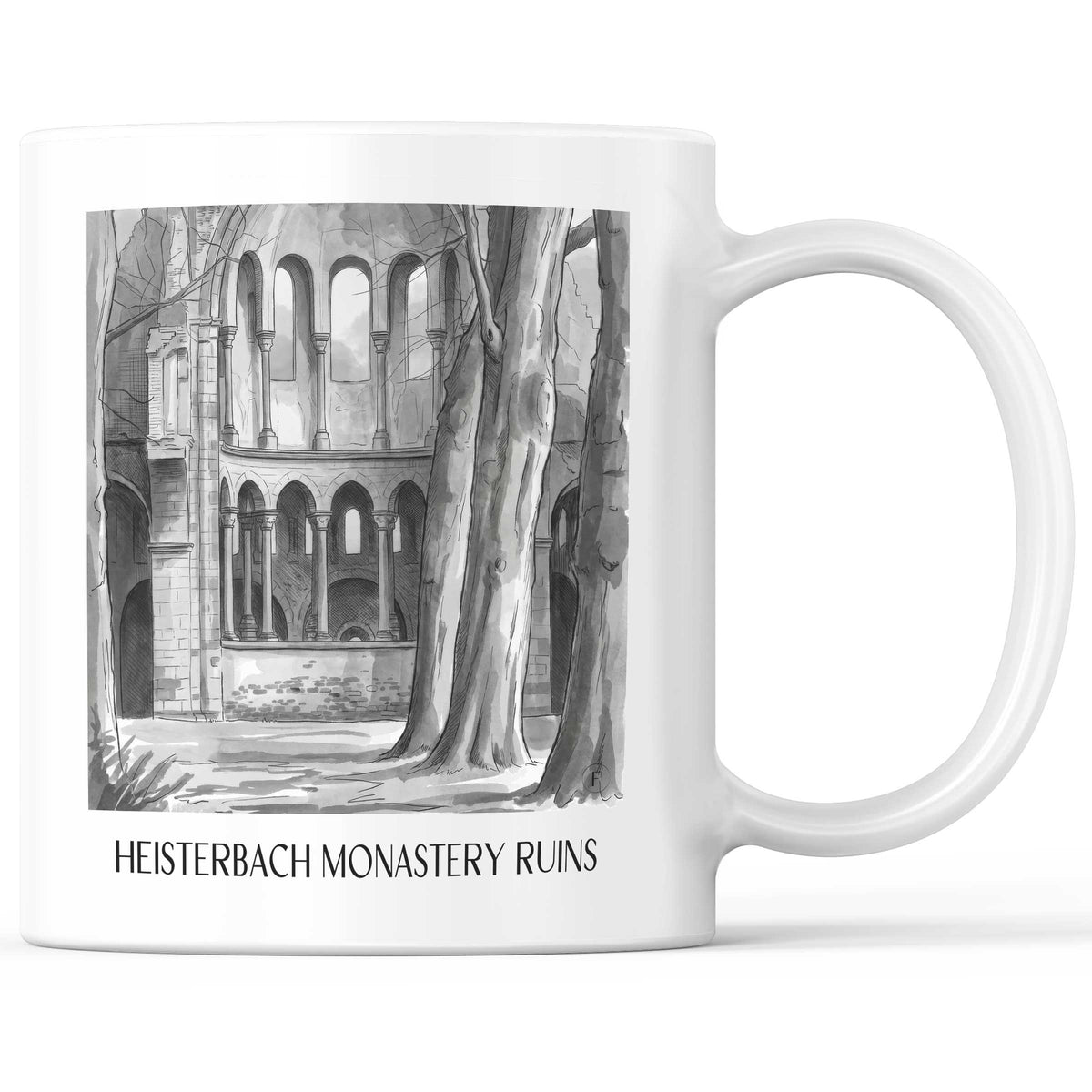 Klosterruine Heisterbach Kaffeebecher - Königswinter - Deutschland Becher - Kaffeetasse im Aquarell Schwarz-Weiß Stil - favplace