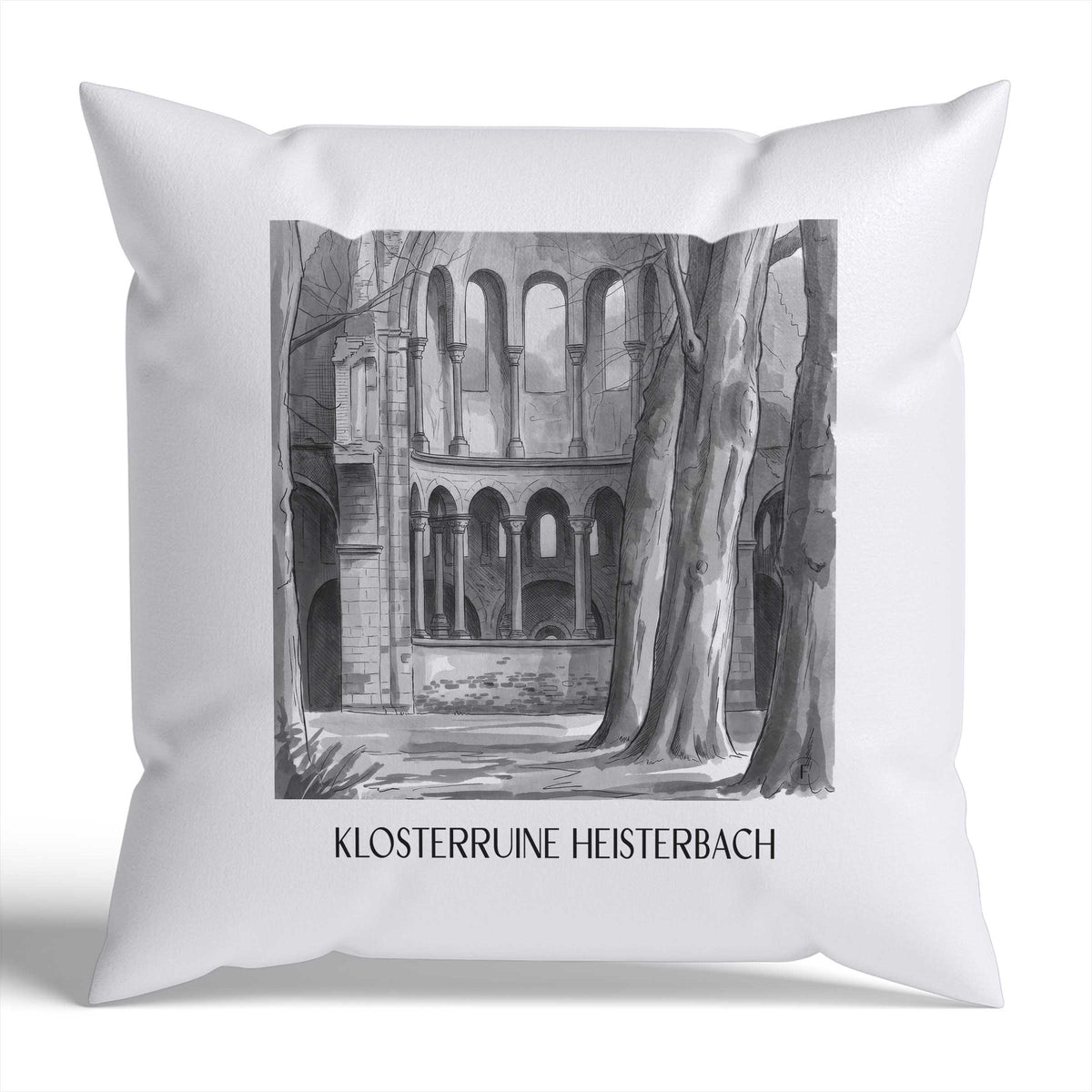 klosterruine-heisterbach-königswinter-deutschland-kissenbezug-aquarell-schwarz-weiss