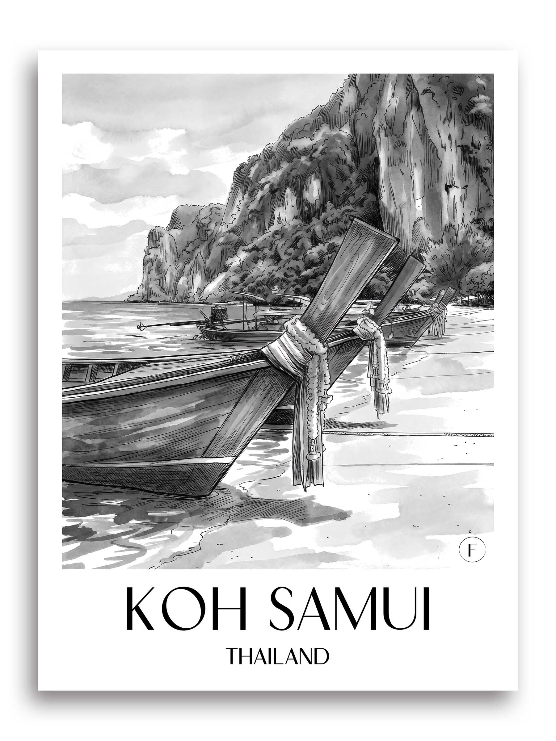 Koh Samui Poster - - Thailand Kunstdruck - Aquarell Schwarz-Weiß von A4 bis A1 - favplace