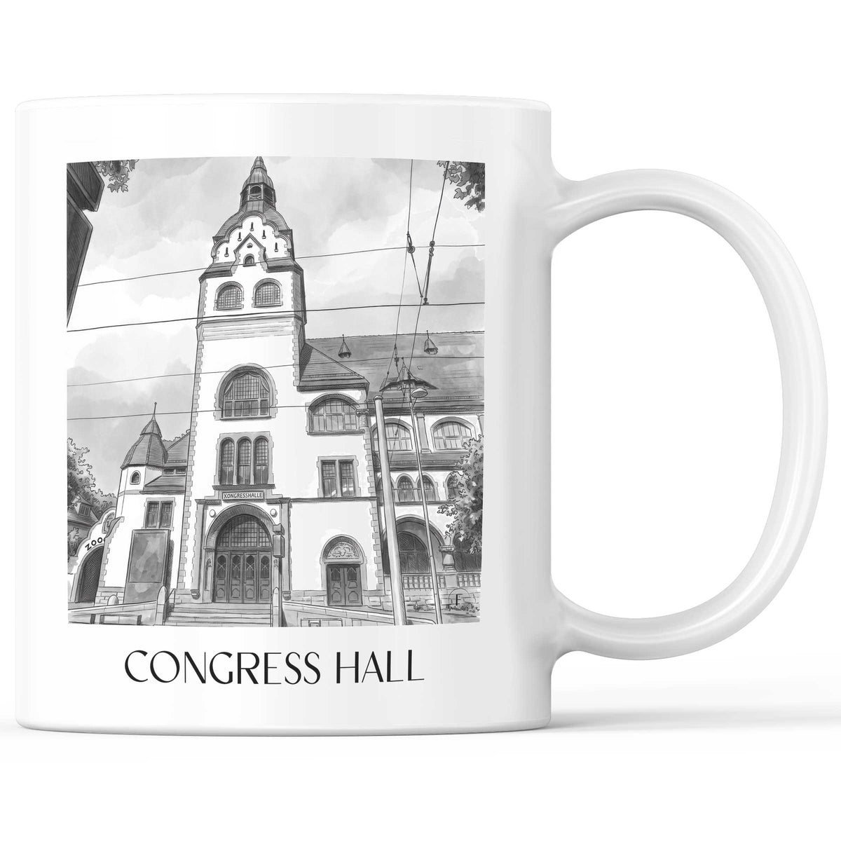 Kongresshalle Kaffeebecher - Leipzig - Deutschland Becher - Kaffeetasse im Aquarell Schwarz-Weiß Stil - favplace