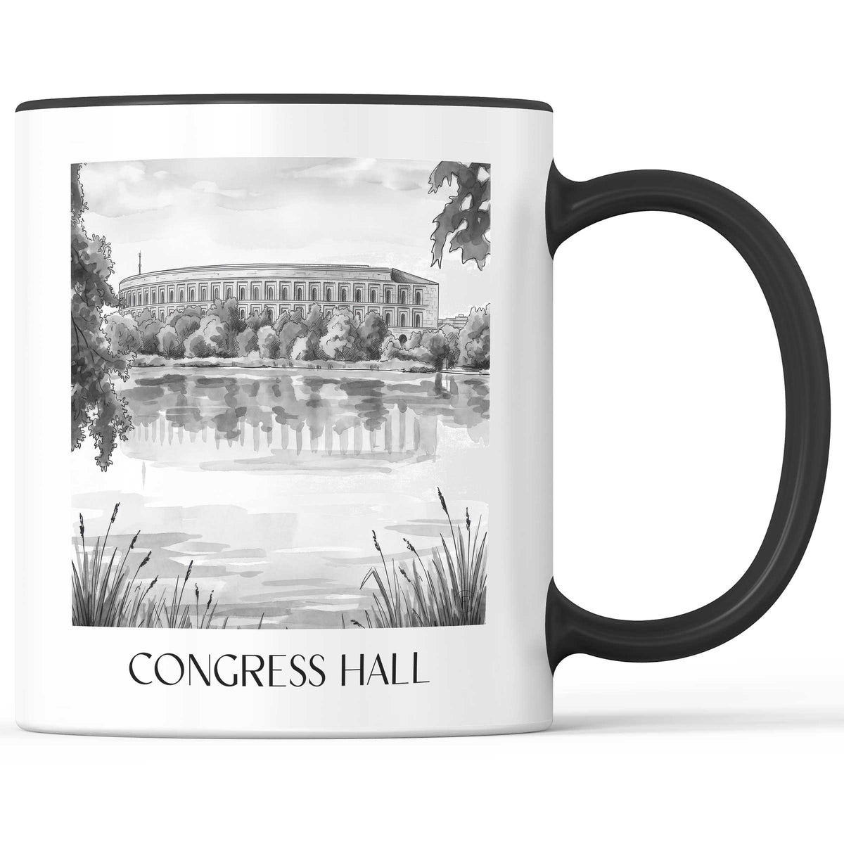 Kongresshalle Kaffeebecher - Nürnberg - Deutschland Becher - Kaffeetasse im Aquarell Schwarz-Weiß Stil - favplace