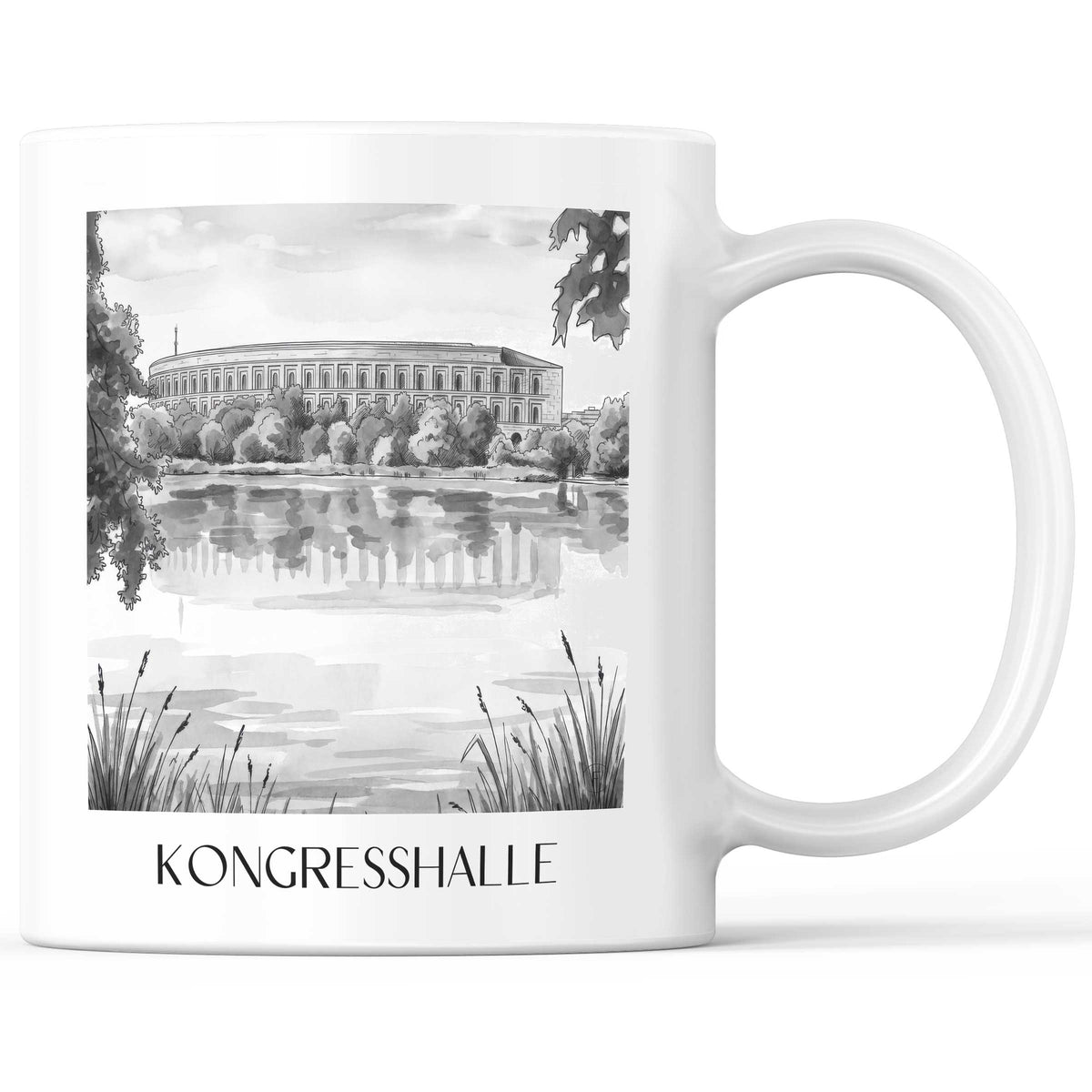 Kongresshalle Kaffeebecher - Nürnberg - Deutschland Becher - Kaffeetasse im Aquarell Schwarz-Weiß Stil - favplace