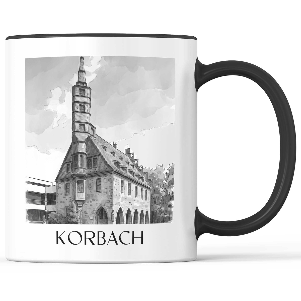 Korbach Kaffeebecher - Hessen - Deutschland Becher - Kaffeetasse im Aquarell Schwarz-Weiß Stil - favplace