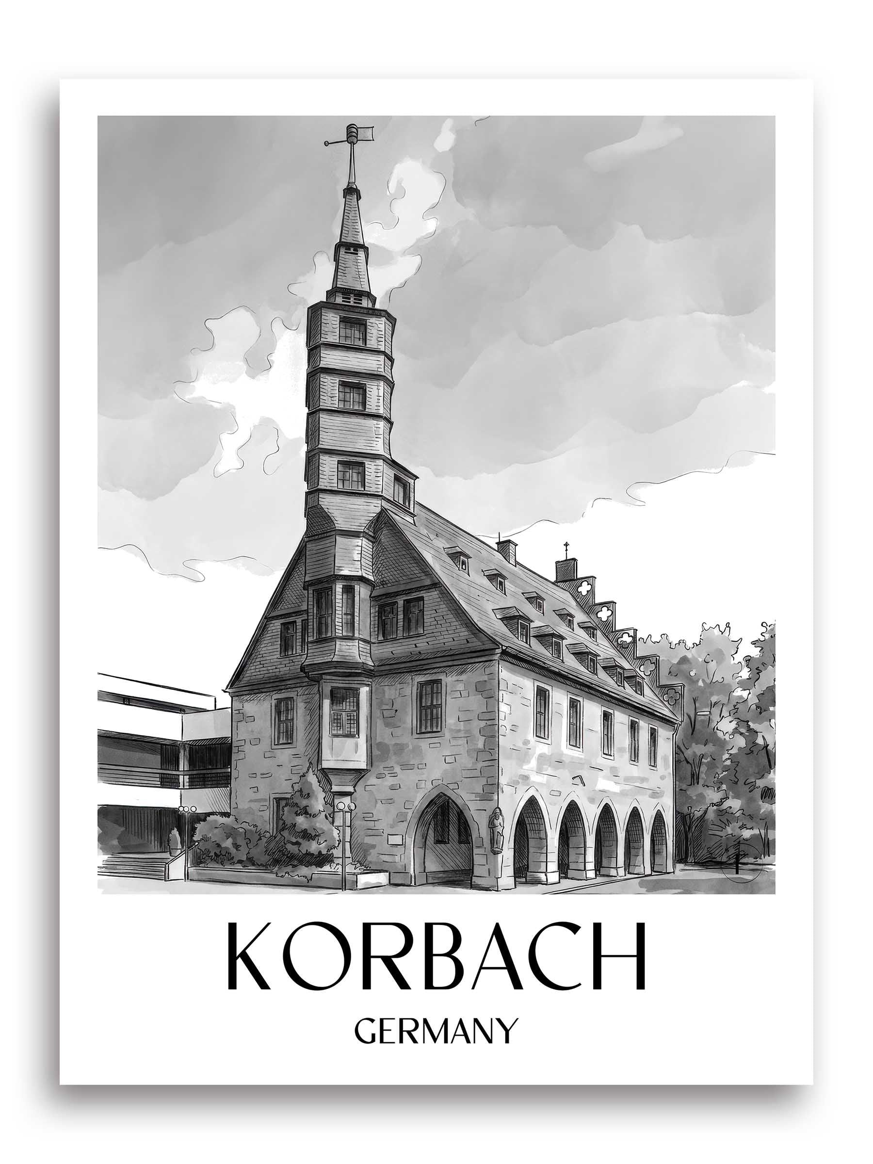 Korbach Poster - Hessen - Deutschland Kunstdruck - Aquarell Schwarz-Weiß von A4 bis A1 - favplace