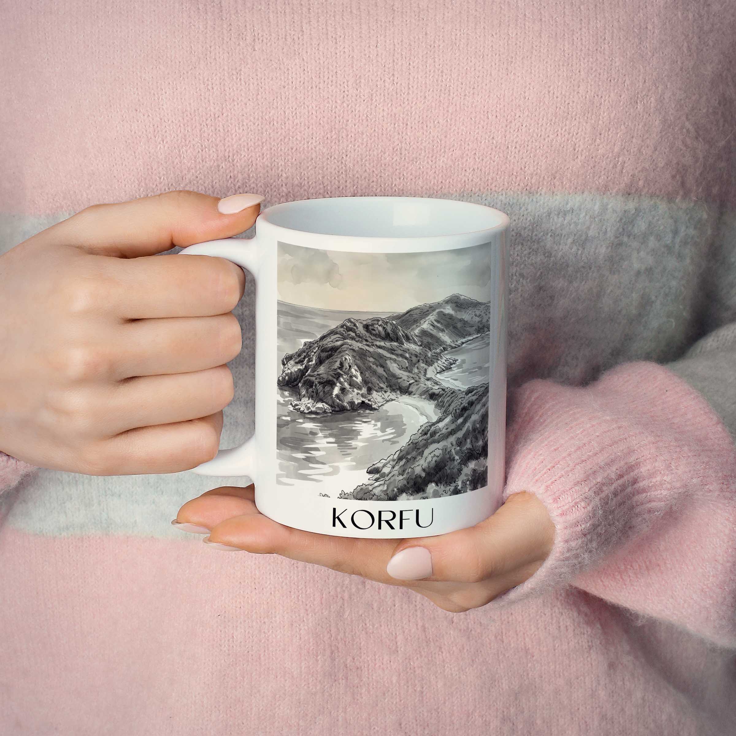 korfu-griechenland-kaffeebecher-aquarell-schwarz-weiss