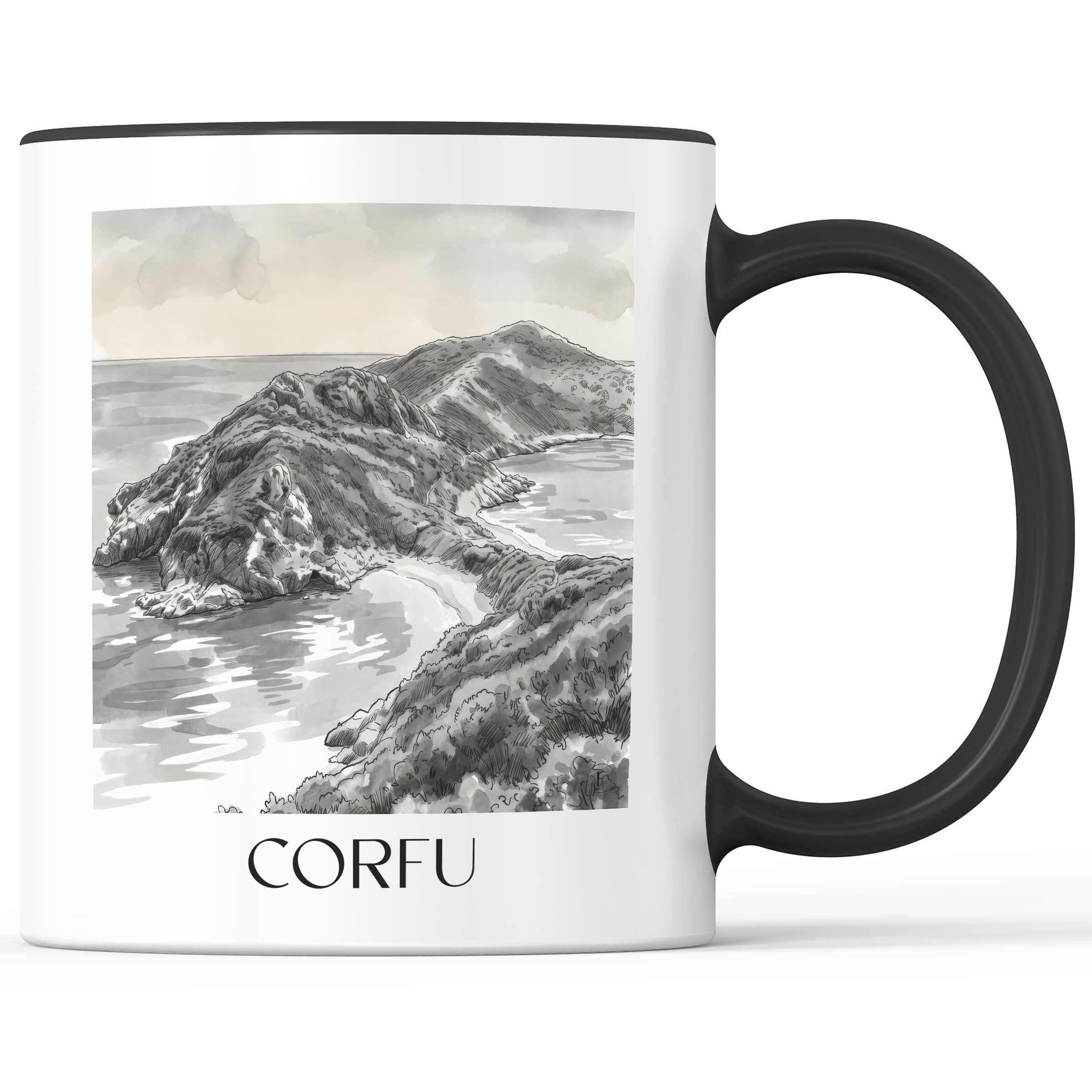 Korfu - Griechenland Becher - Kaffeetasse im Aquarell Schwarz-Weiß Stil - favplace
