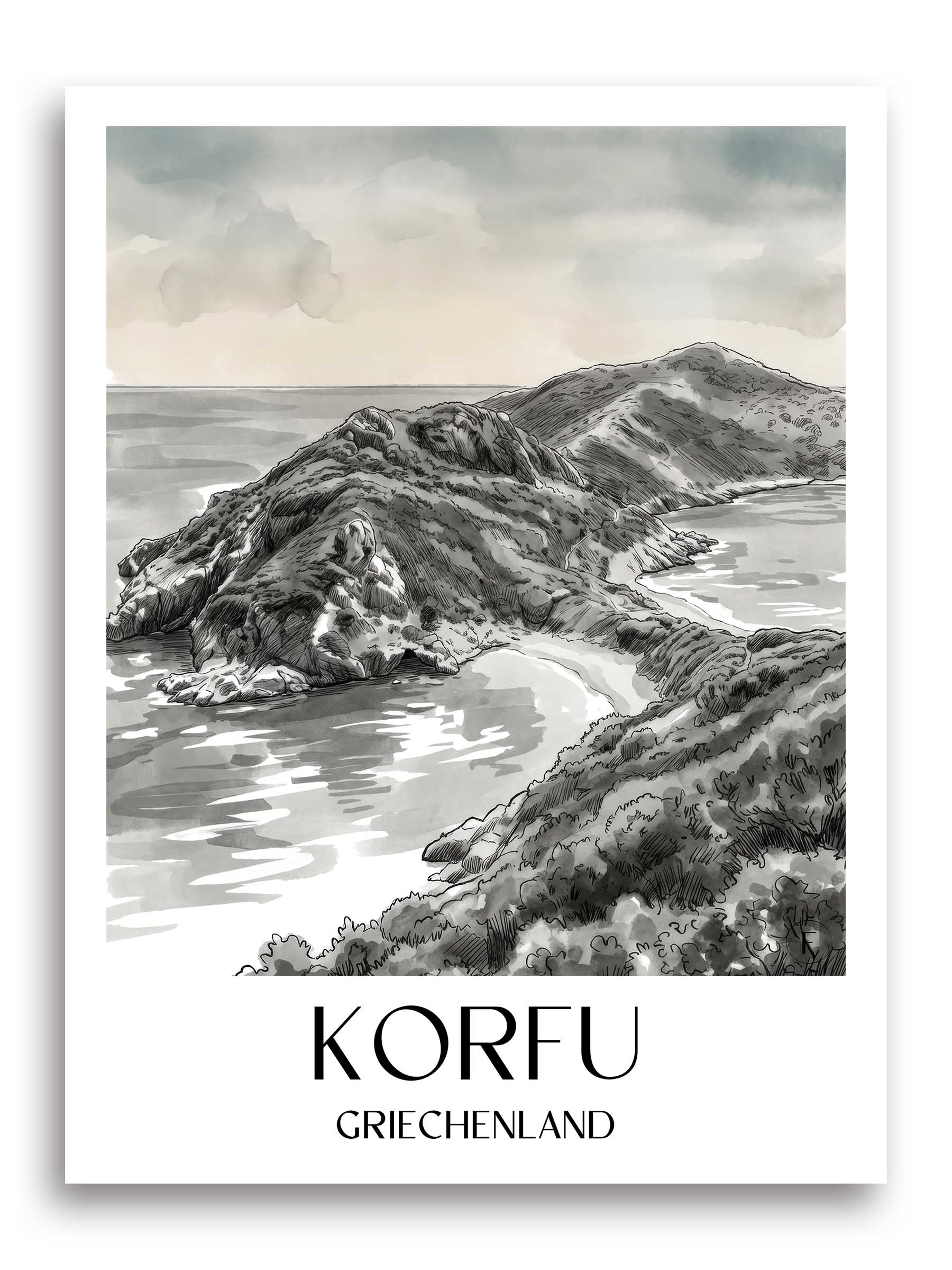 korfu-griechenland-poster-aquarell-schwarz-weiss