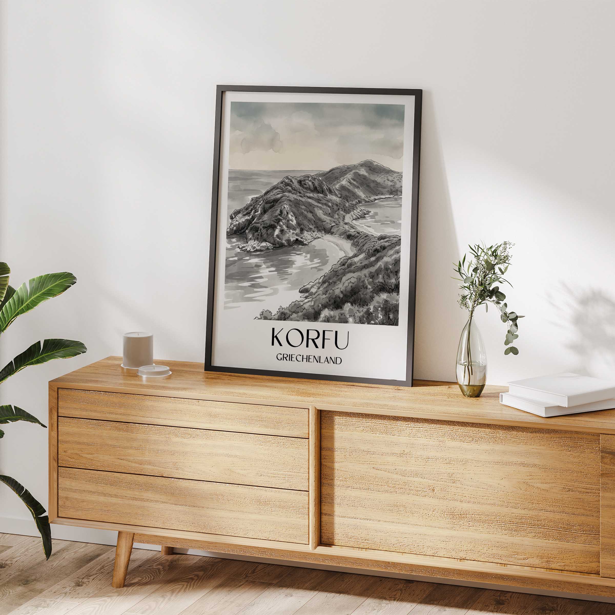korfu-griechenland-poster-aquarell-schwarz-weiss
