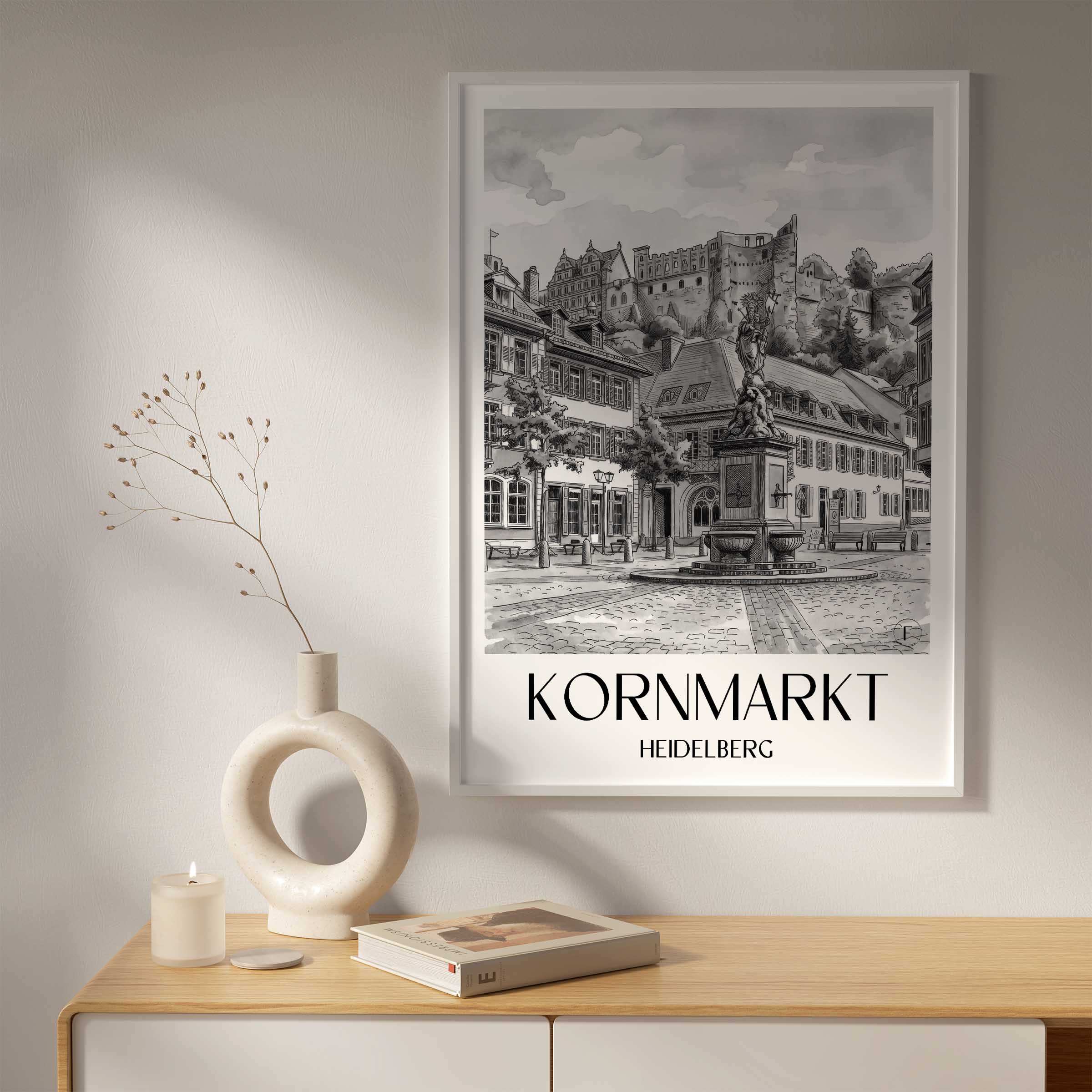 kornmarkt-heidelberg-deutschland-poster-aquarell-schwarz-weiss