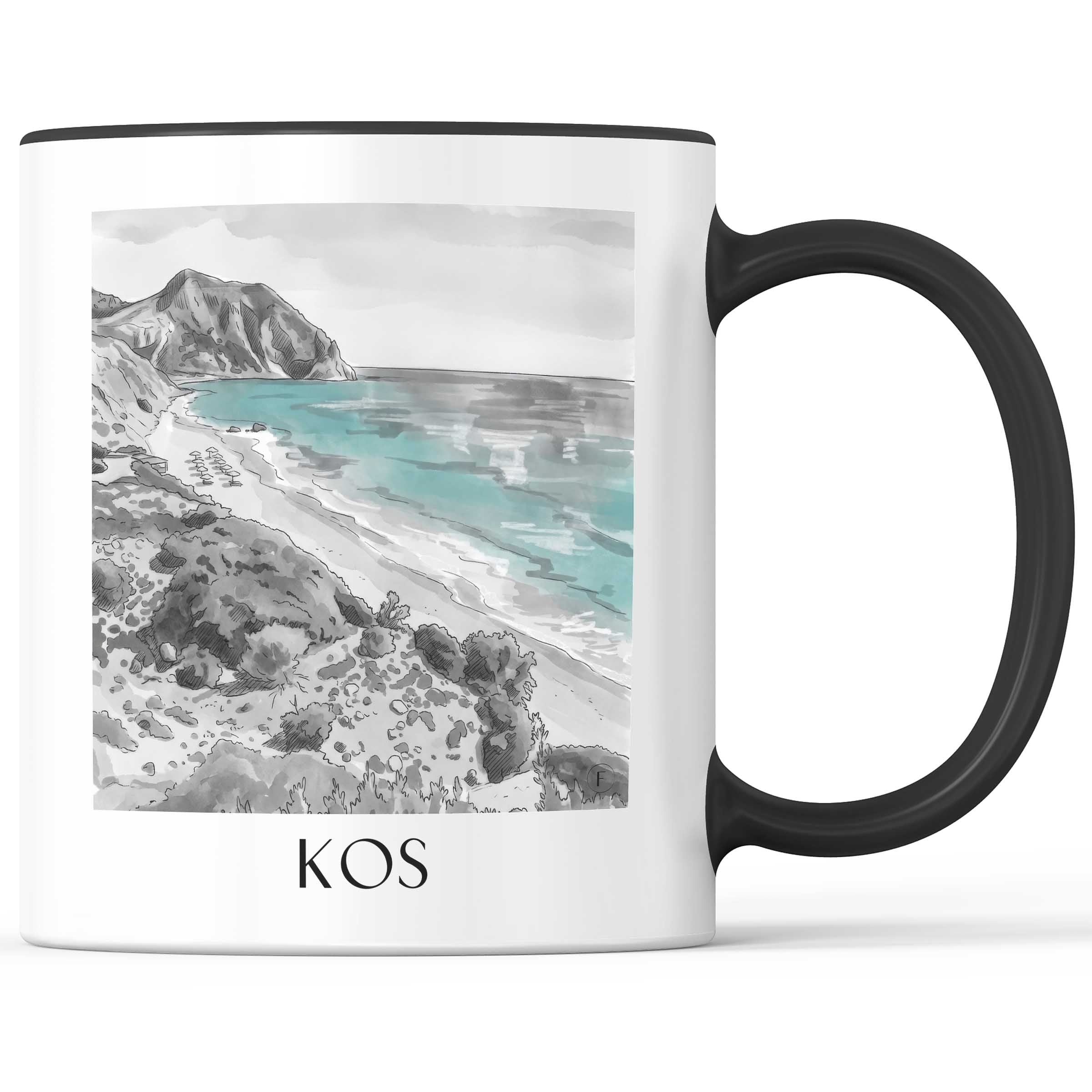 Kos - Griechenland Becher - Kaffeetasse im Aquarell Schwarz-Weiß Stil - favplace