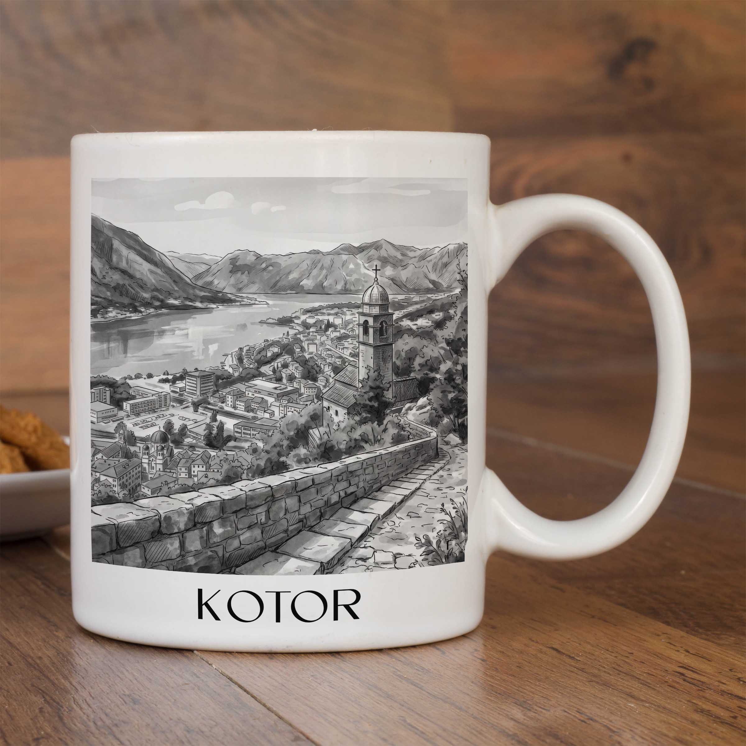 kotor-montenegro-kaffeebecher-aquarell-schwarz-weiss