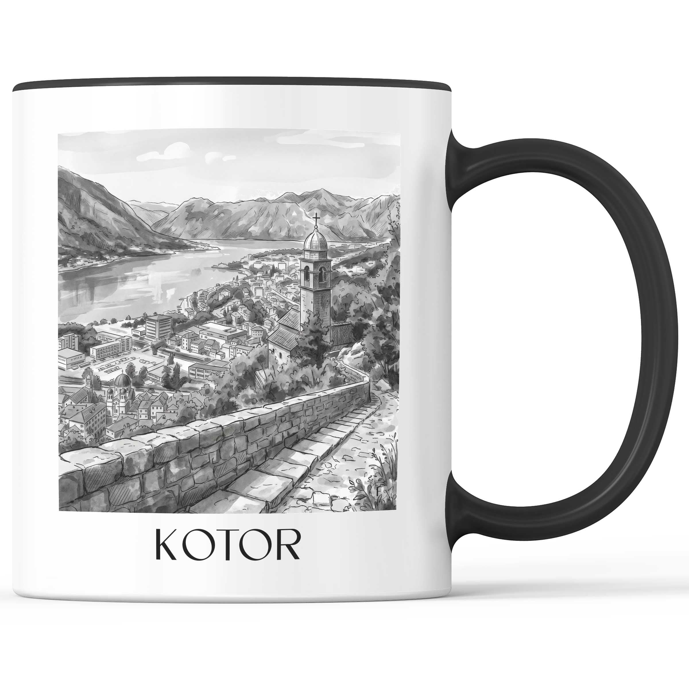 Kotor - Montenegro Becher - Kaffeetasse im Aquarell Schwarz-Weiß Stil - favplace
