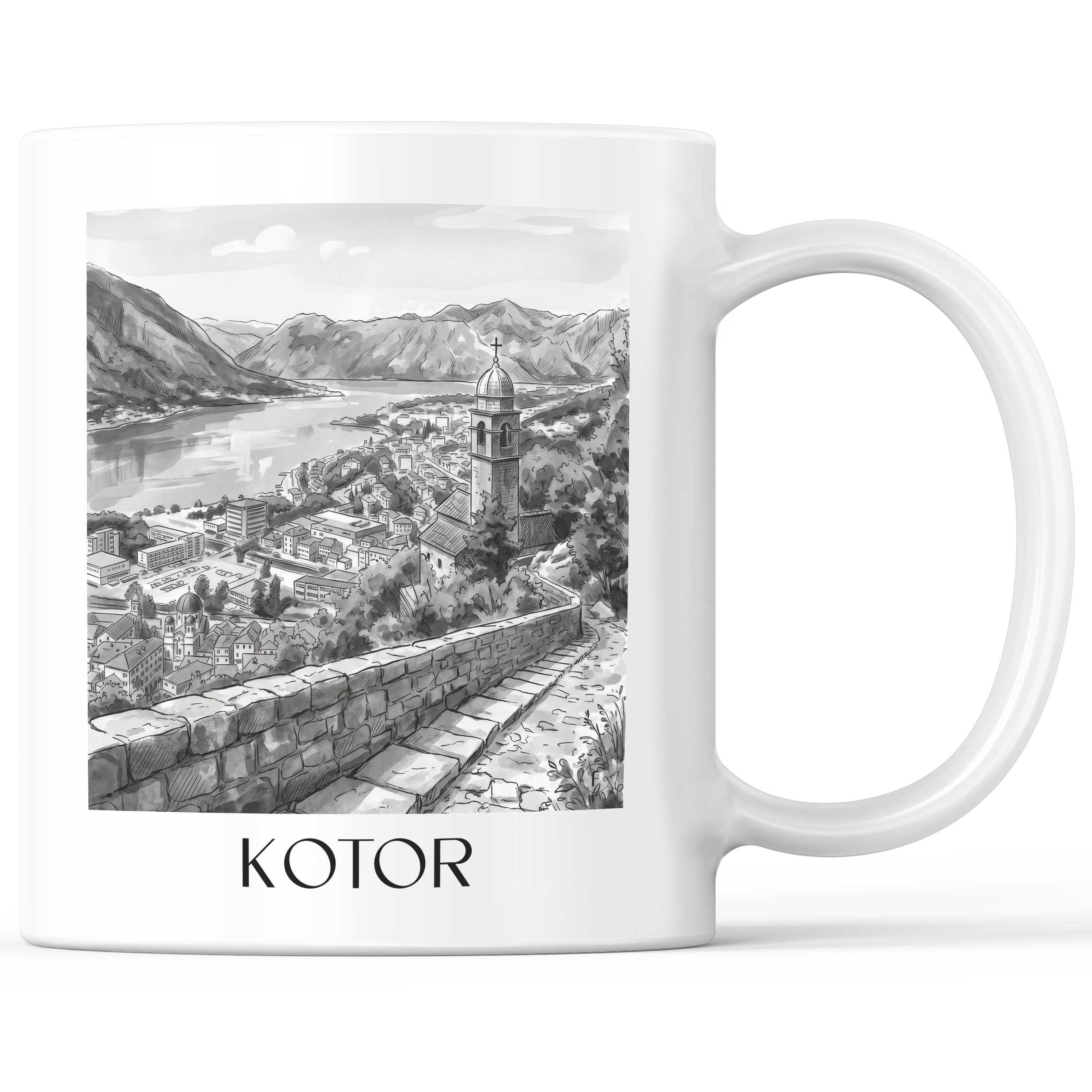Kotor - Montenegro Becher - Kaffeetasse im Aquarell Schwarz-Weiß Stil - favplace