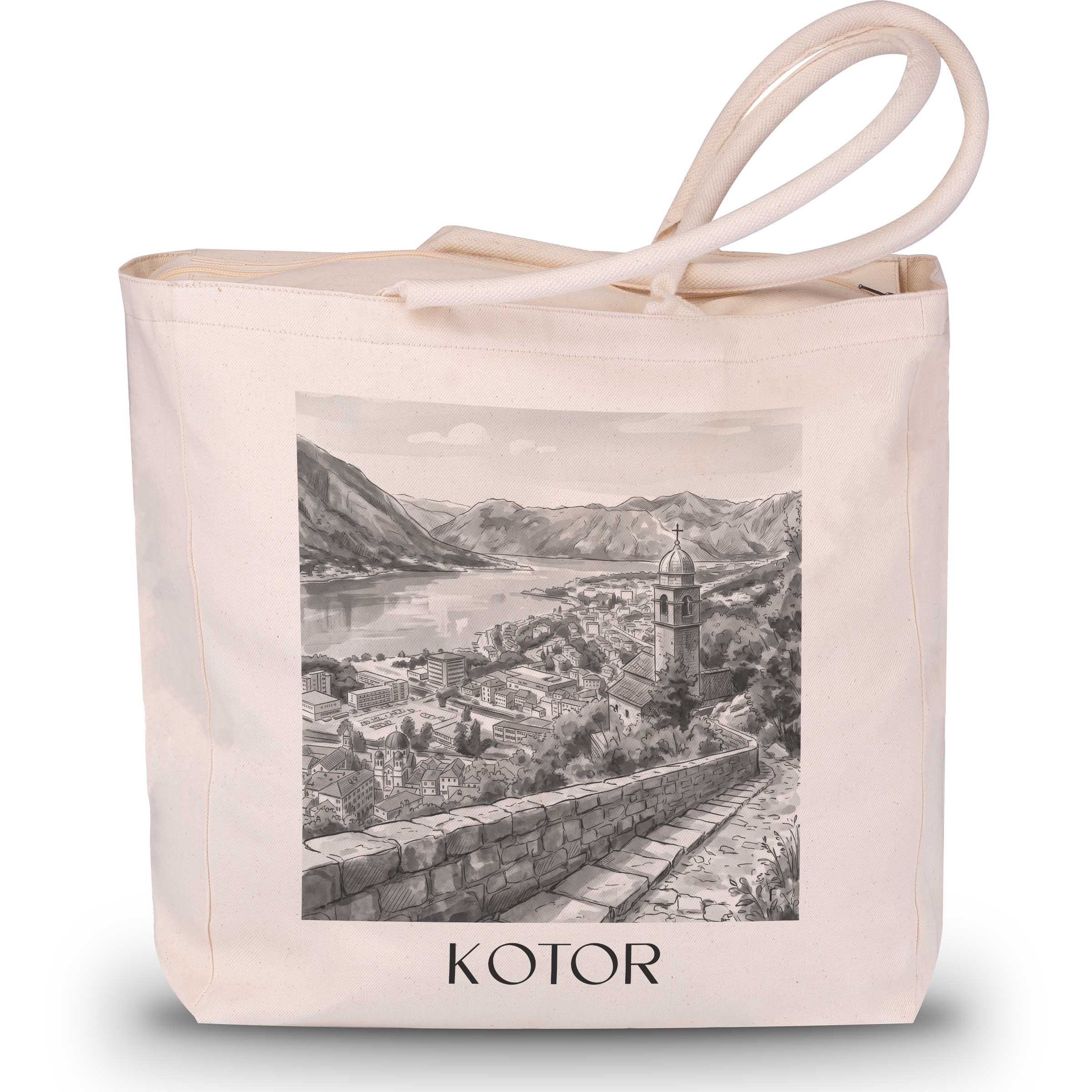 kotor-montenegro-einkaufstasche-aquarell-schwarz-weiss