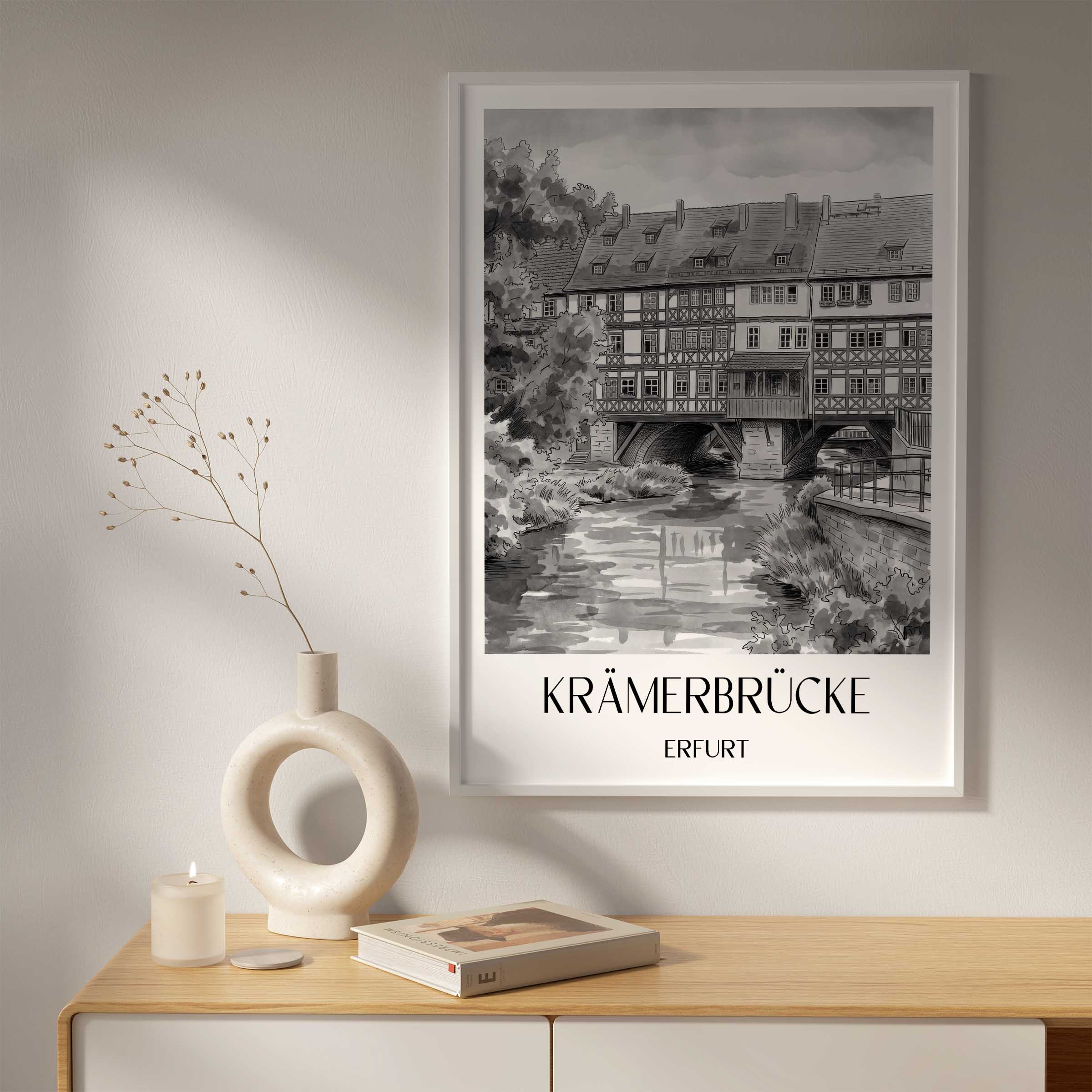 krämerbrücke-erfurt-deutschland-poster-aquarell-schwarz-weiss
