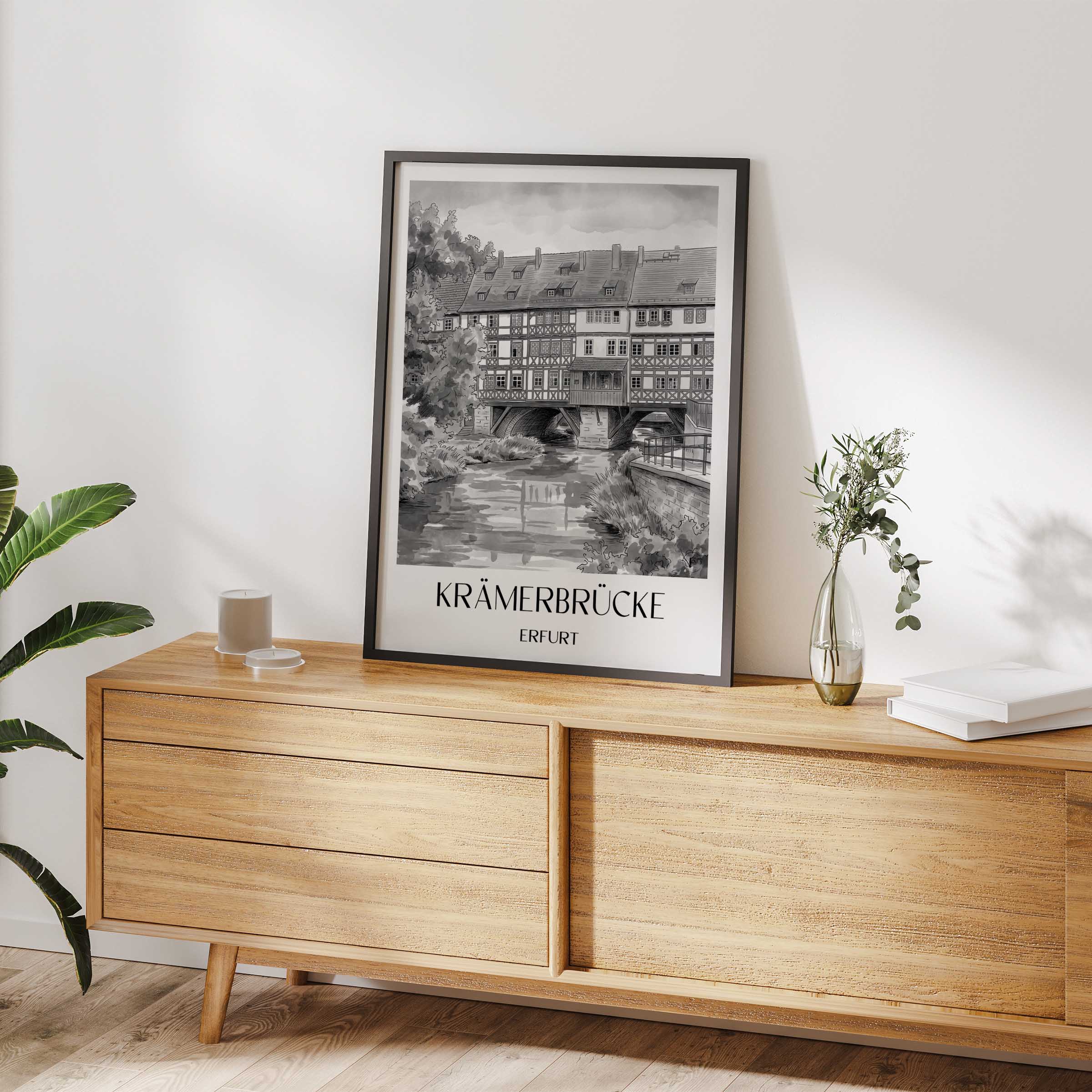 krämerbrücke-erfurt-deutschland-poster-aquarell-schwarz-weiss