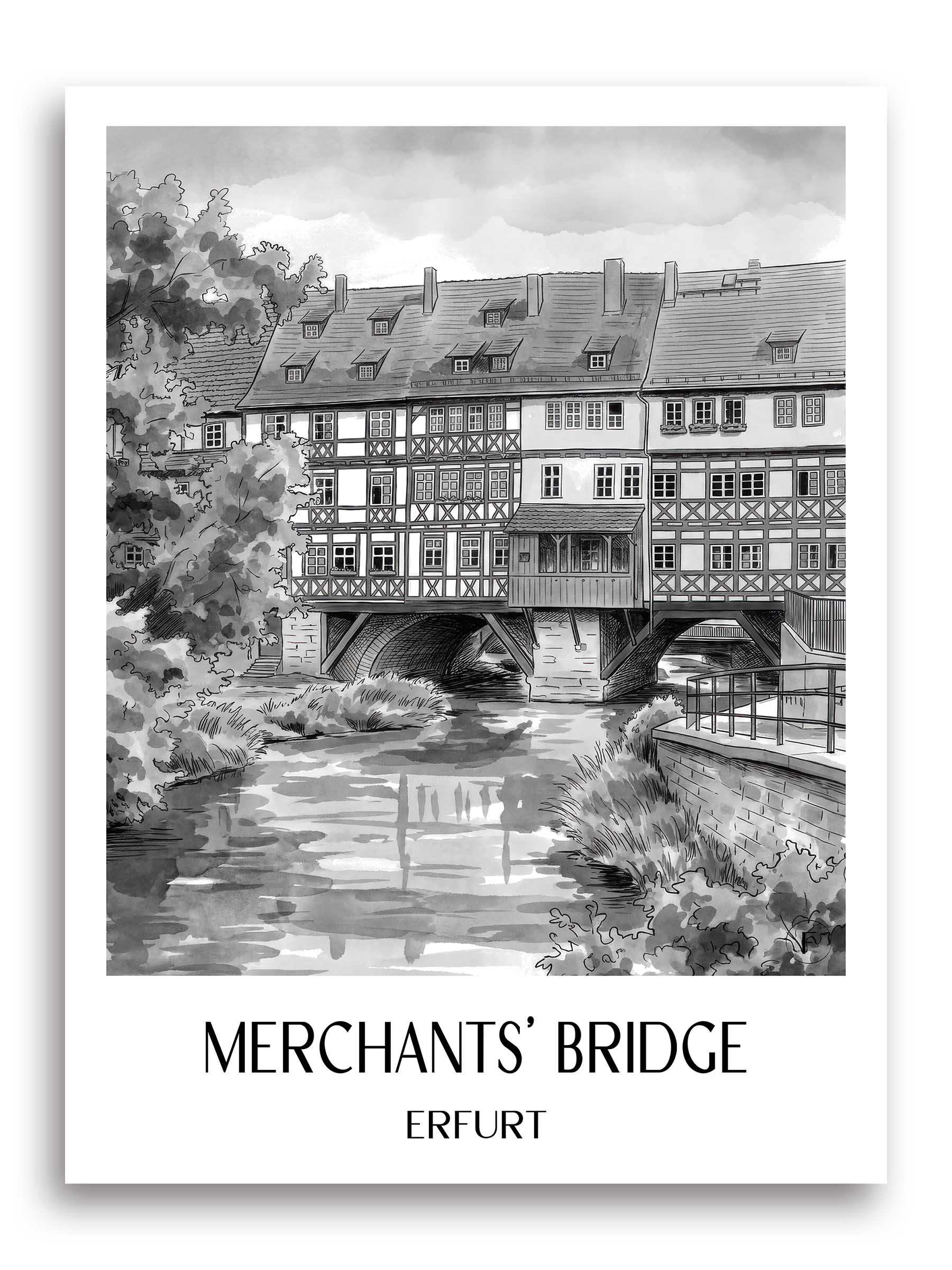 Krämerbrücke Poster - Erfurt - Deutschland Kunstdruck - Aquarell Schwarz-Weiß von A4 bis A1 - favplace