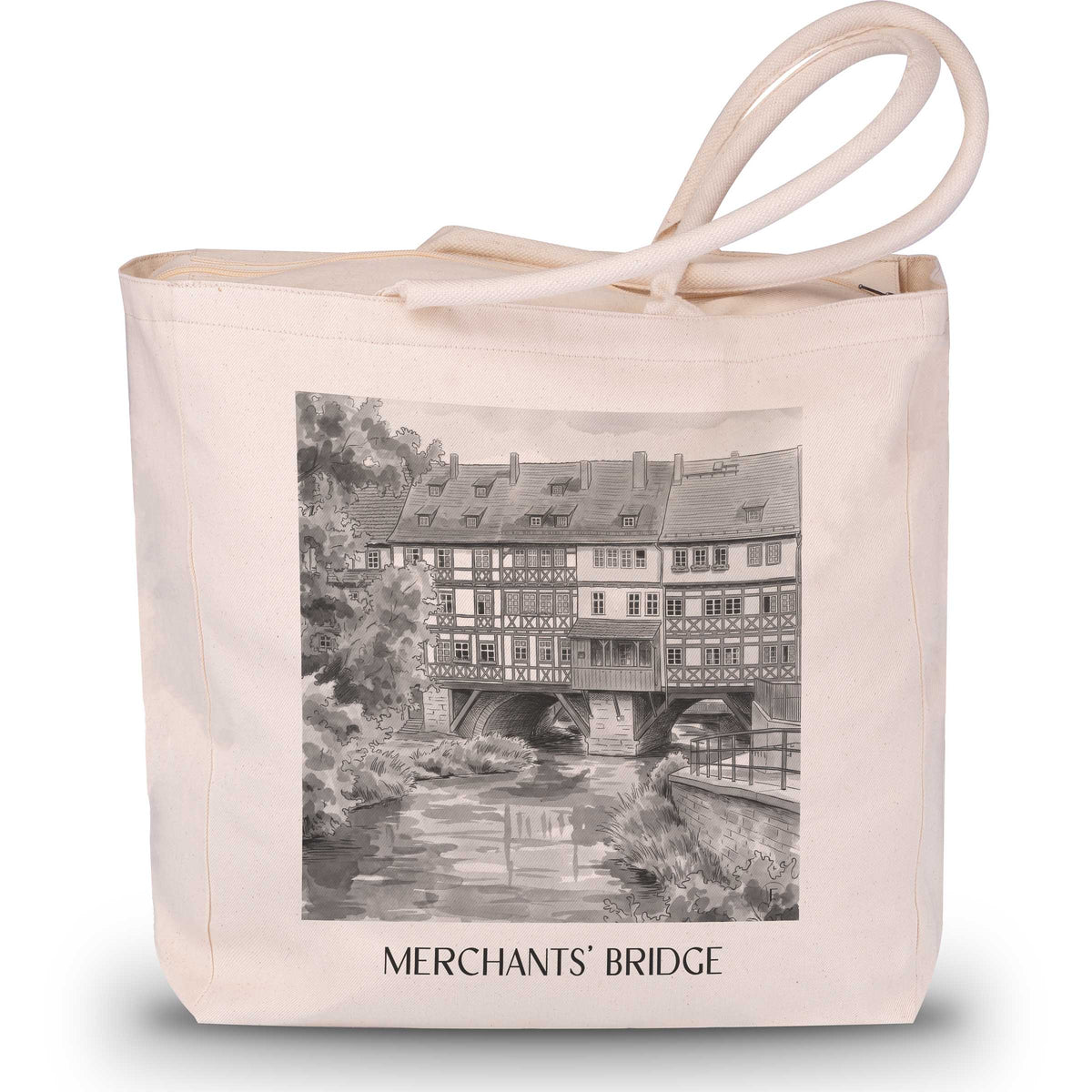 Krämerbrücke Shopping Tasche - Erfurt - Deutschland Tote Bag - Einkaufstasche im Aquarell Schwarz-Weiß Stil - favplace