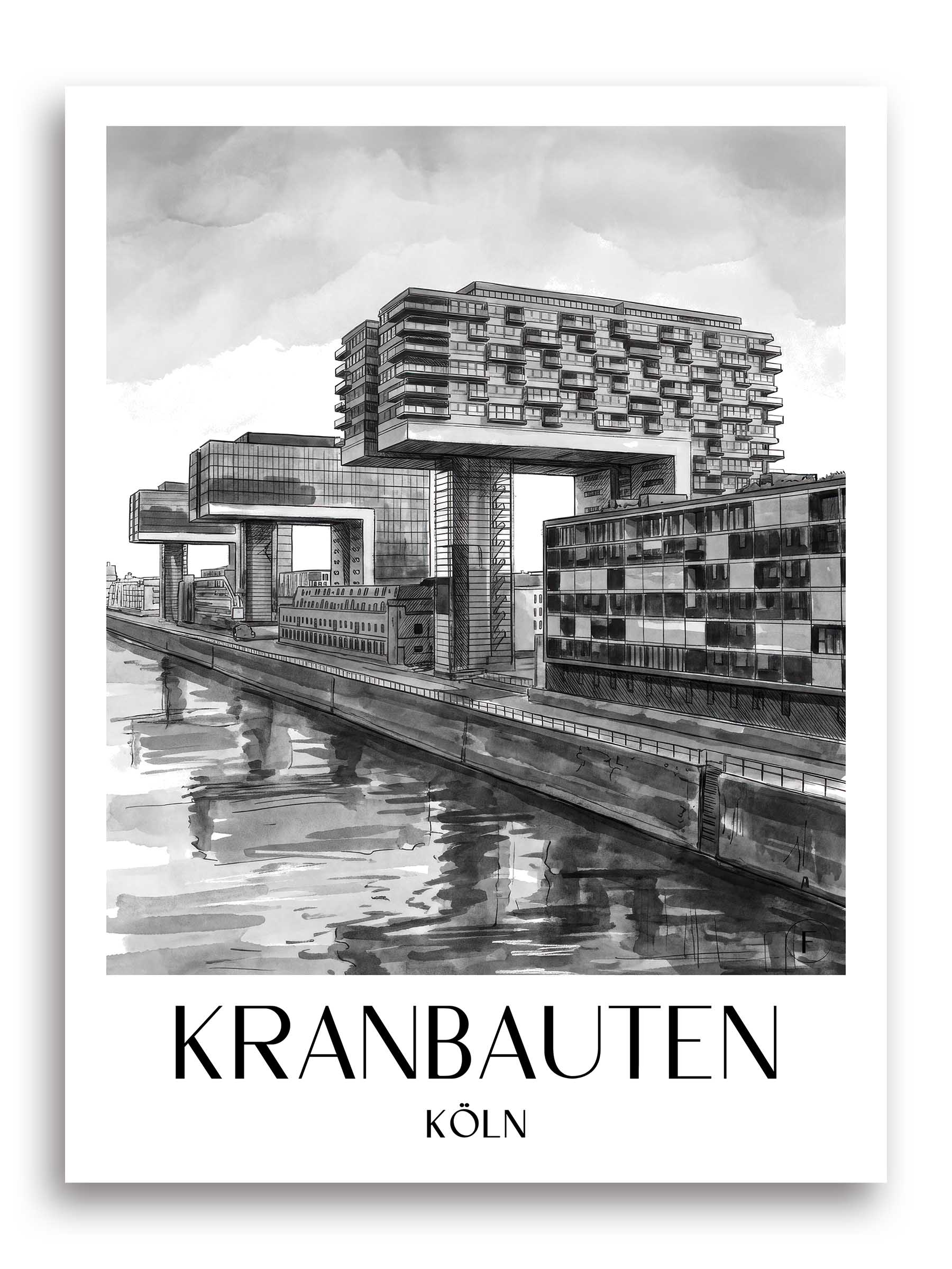 kranbauten-köln-deutschland-poster-aquarell-schwarz-weiss