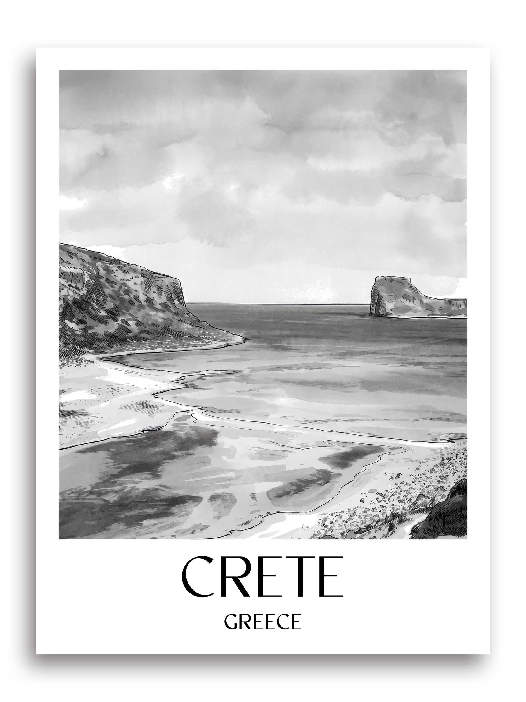 Kreta Poster - - Griechenland Kunstdruck - Aquarell Schwarz-Weiß von A4 bis A1 - favplace
