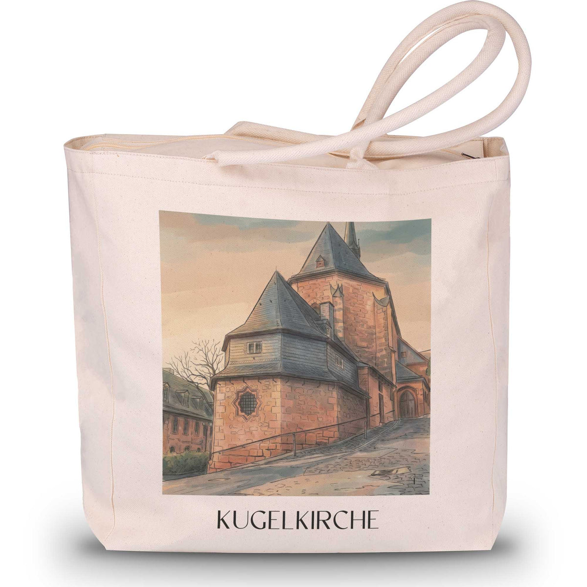 kugelkirche-marburg-deutschland-einkaufstasche-aquarell