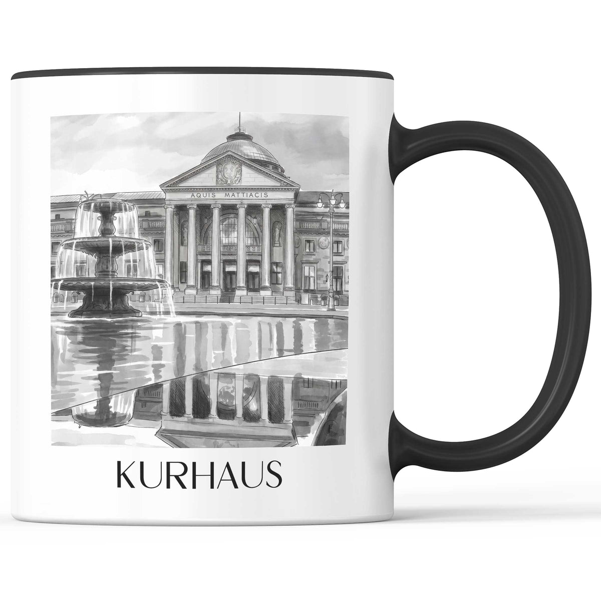 Kurhaus Kaffeebecher - Wiesbaden - Deutschland Becher - Kaffeetasse im Aquarell Schwarz-Weiß Stil - favplace