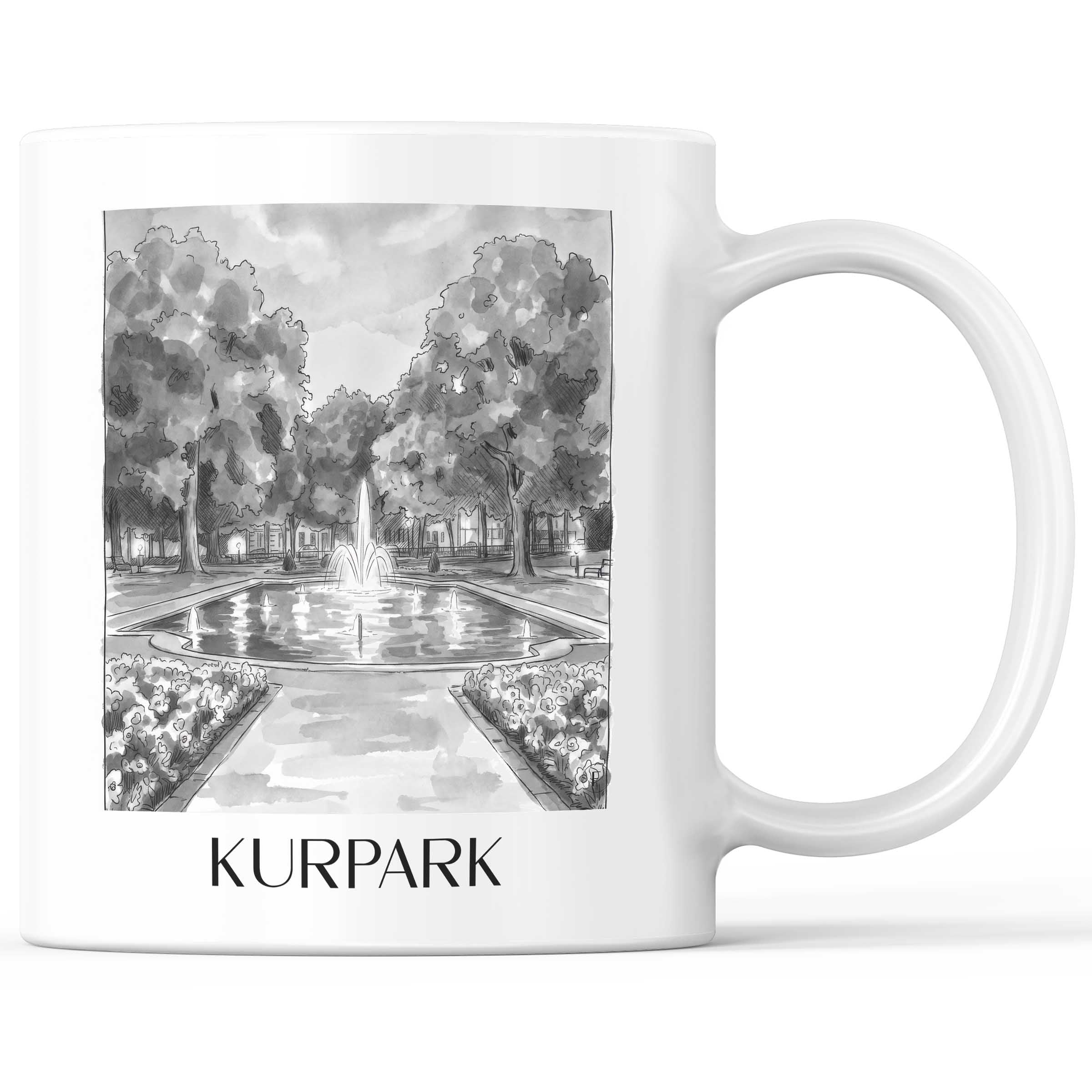 Kurpark Kaffeebecher - Aachen - Deutschland Becher - Kaffeetasse im Aquarell Schwarz-Weiß Stil - favplace