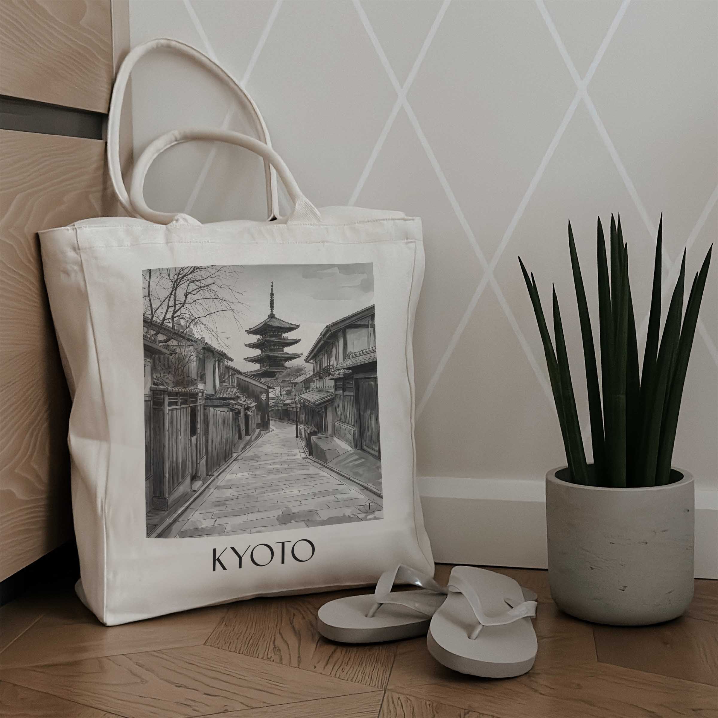 kyoto-japan-einkaufstasche-aquarell-schwarz-weiss