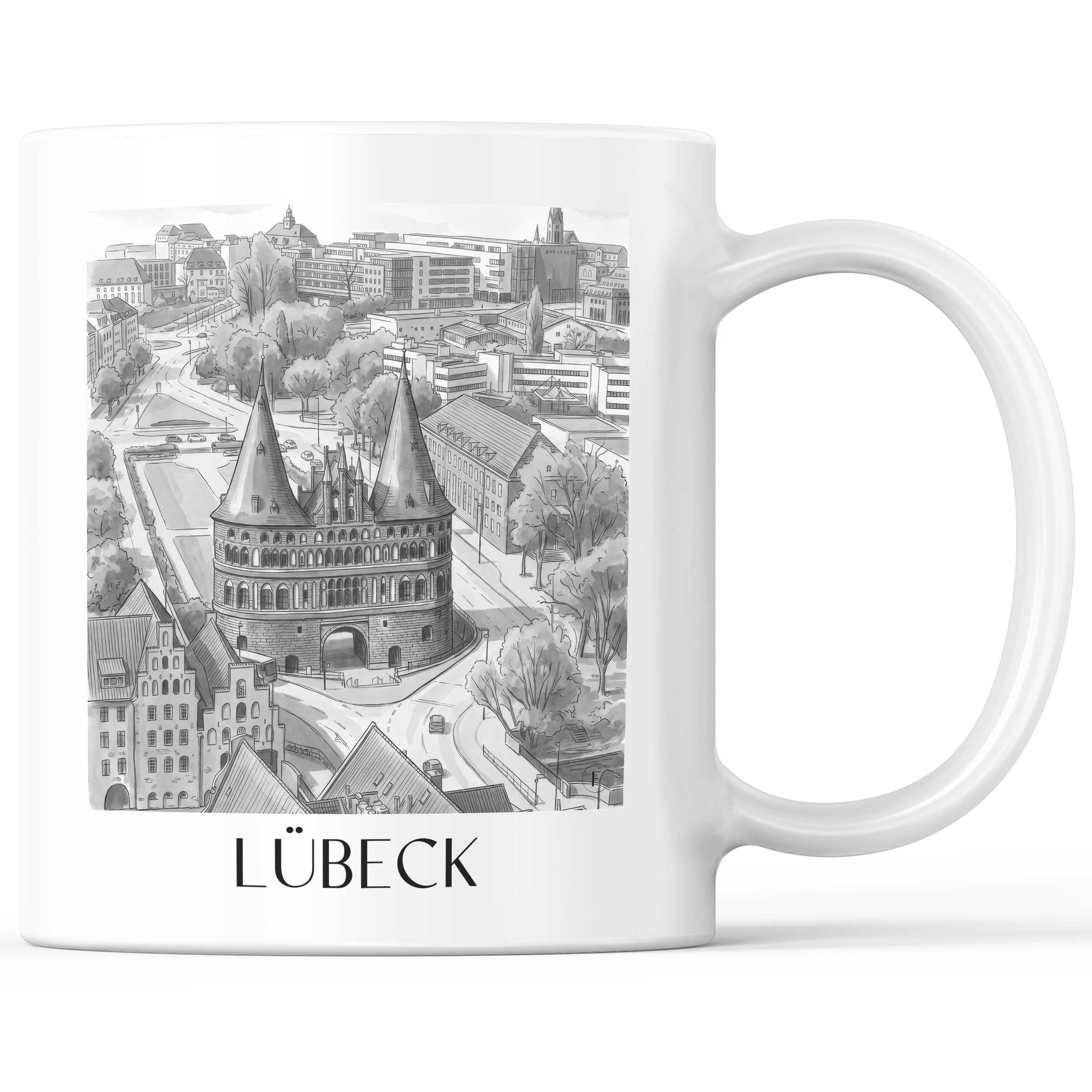 Lübeck - Deutschland Becher - Kaffeetasse im Aquarell Schwarz-Weiß Stil - favplace