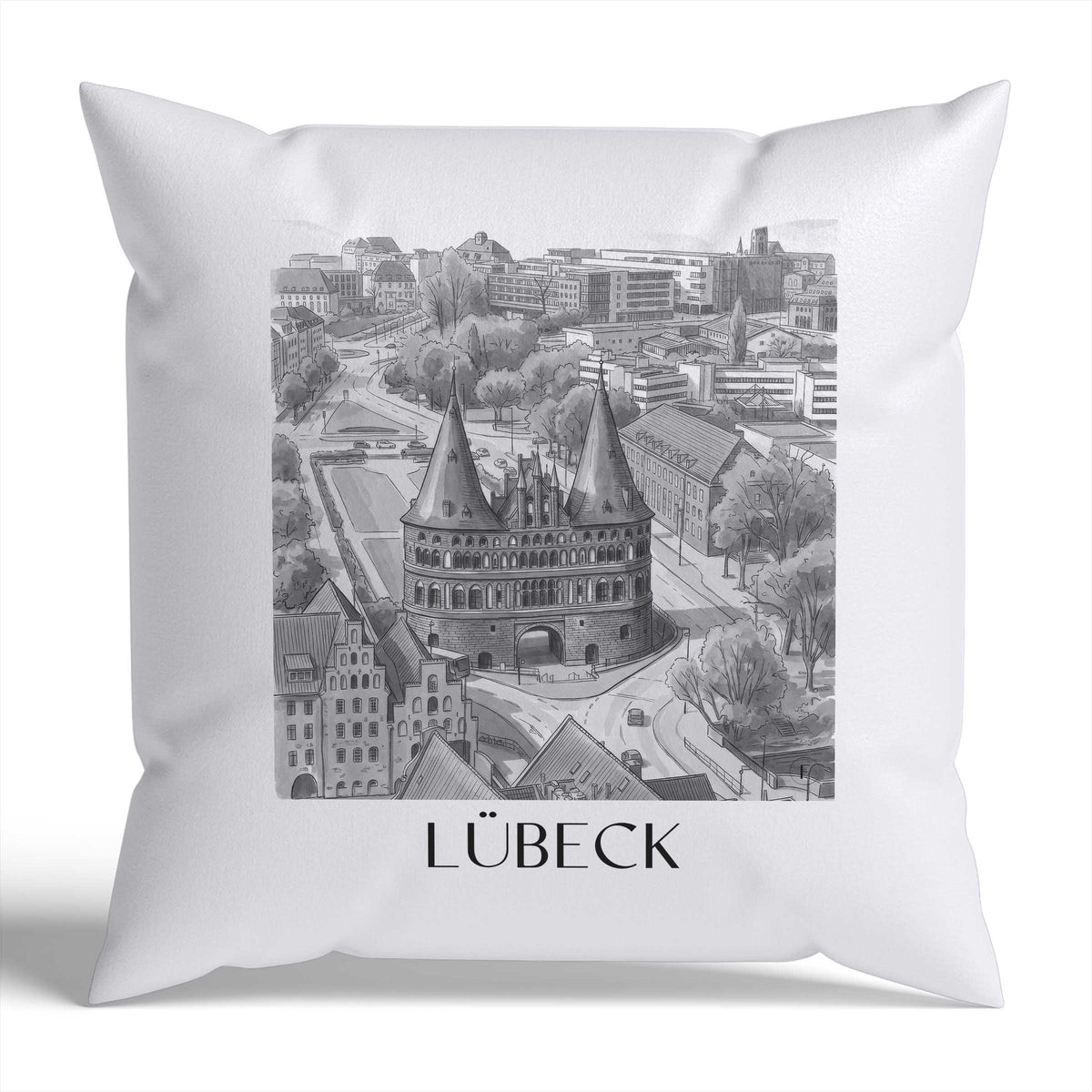 Lübeck Kissenhülle - Zierkissen Bezug - Deutschland - Deutschland Kissen bzw. Kissenbezug im Aquarell Schwarz-Weiß Stil - favplace