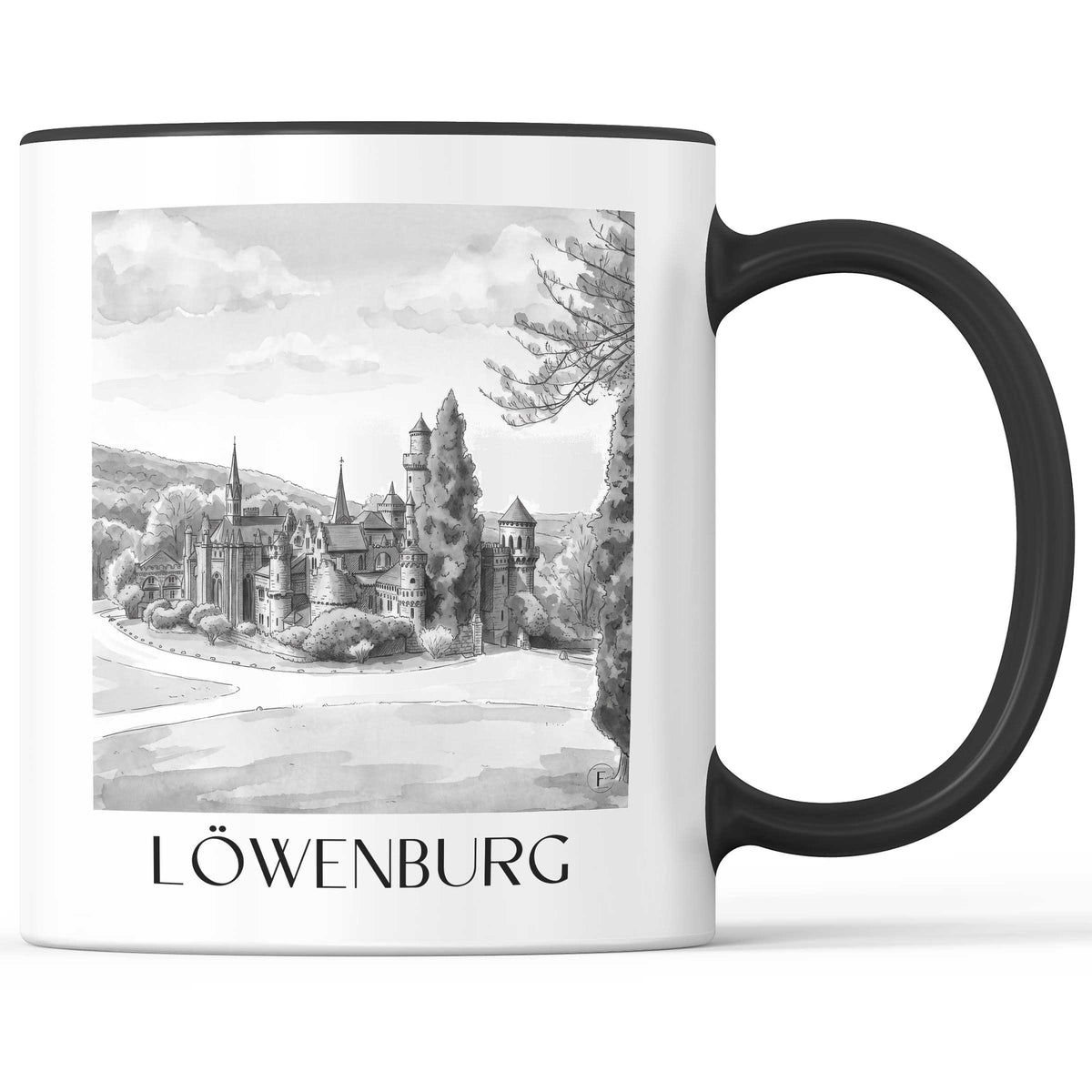 Löwenburg Kaffeebecher - Kassel - Deutschland Becher - Kaffeetasse im Aquarell Schwarz-Weiß Stil - favplace