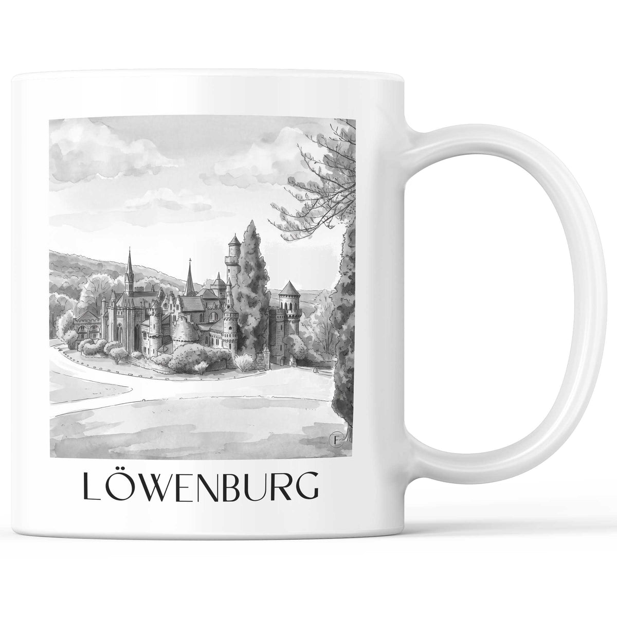 Löwenburg Kaffeebecher - Kassel - Deutschland Becher - Kaffeetasse im Aquarell Schwarz-Weiß Stil - favplace