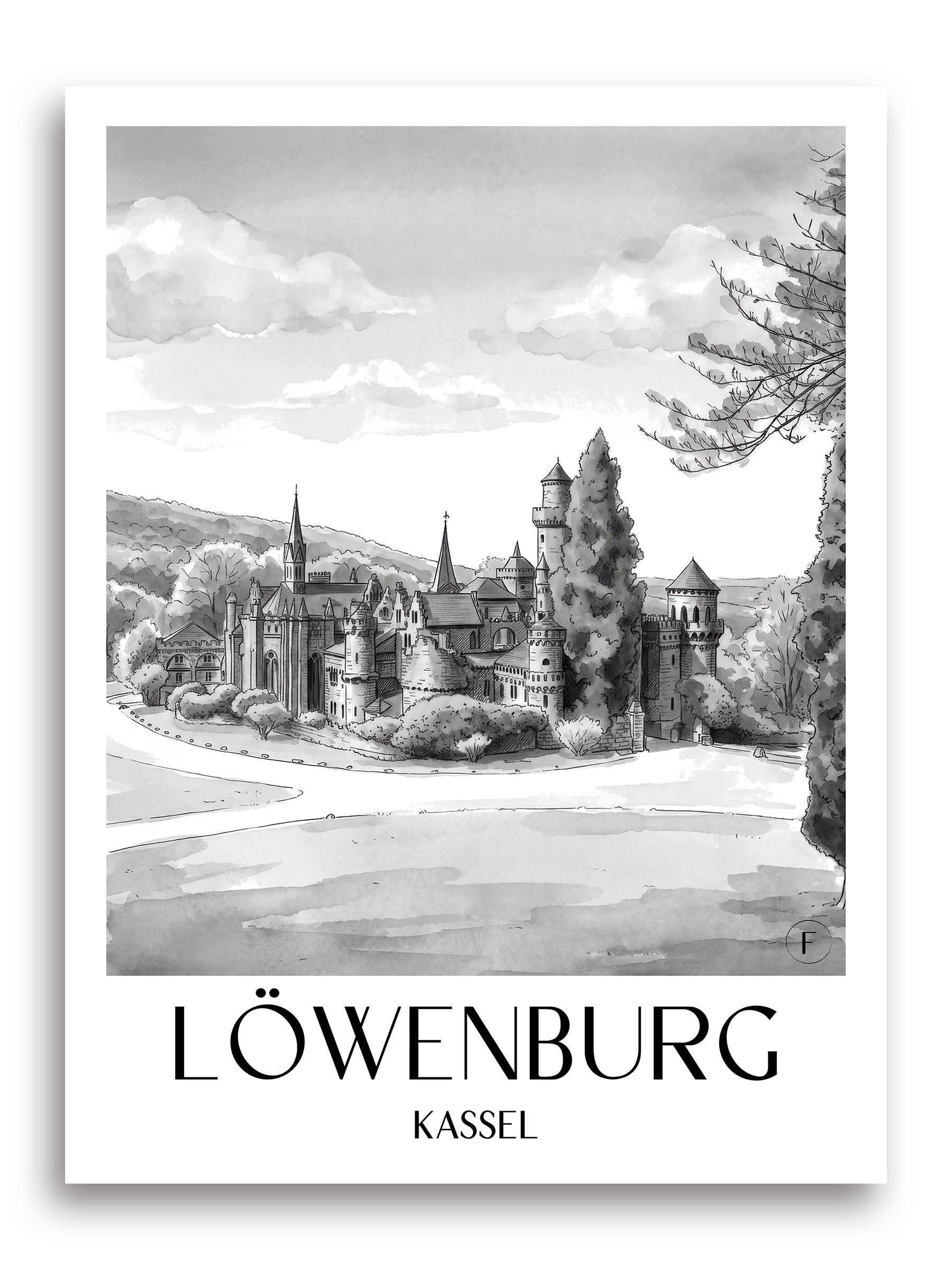 löwenburg-kassel-deutschland-poster-aquarell-schwarz-weiss