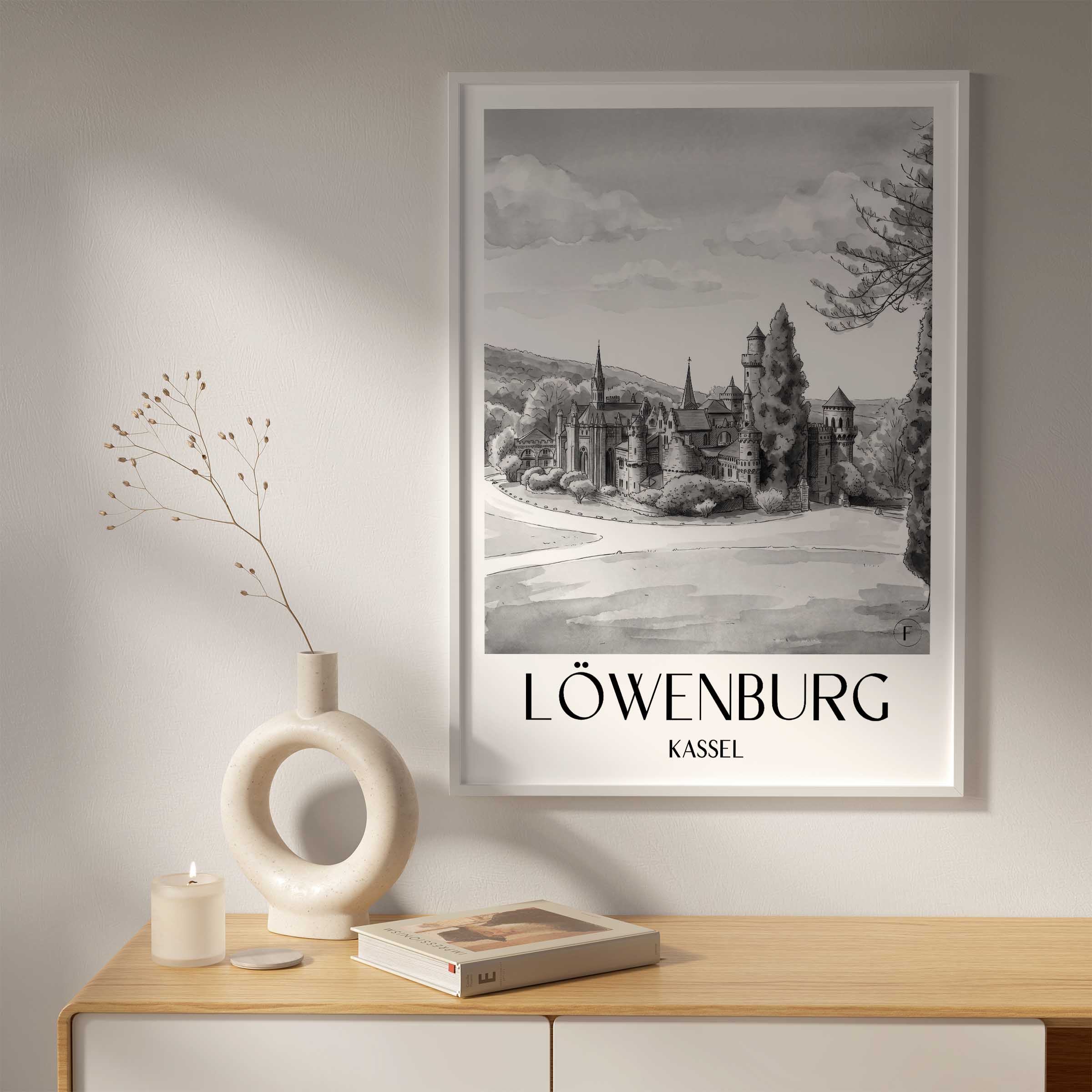 löwenburg-kassel-deutschland-poster-aquarell-schwarz-weiss