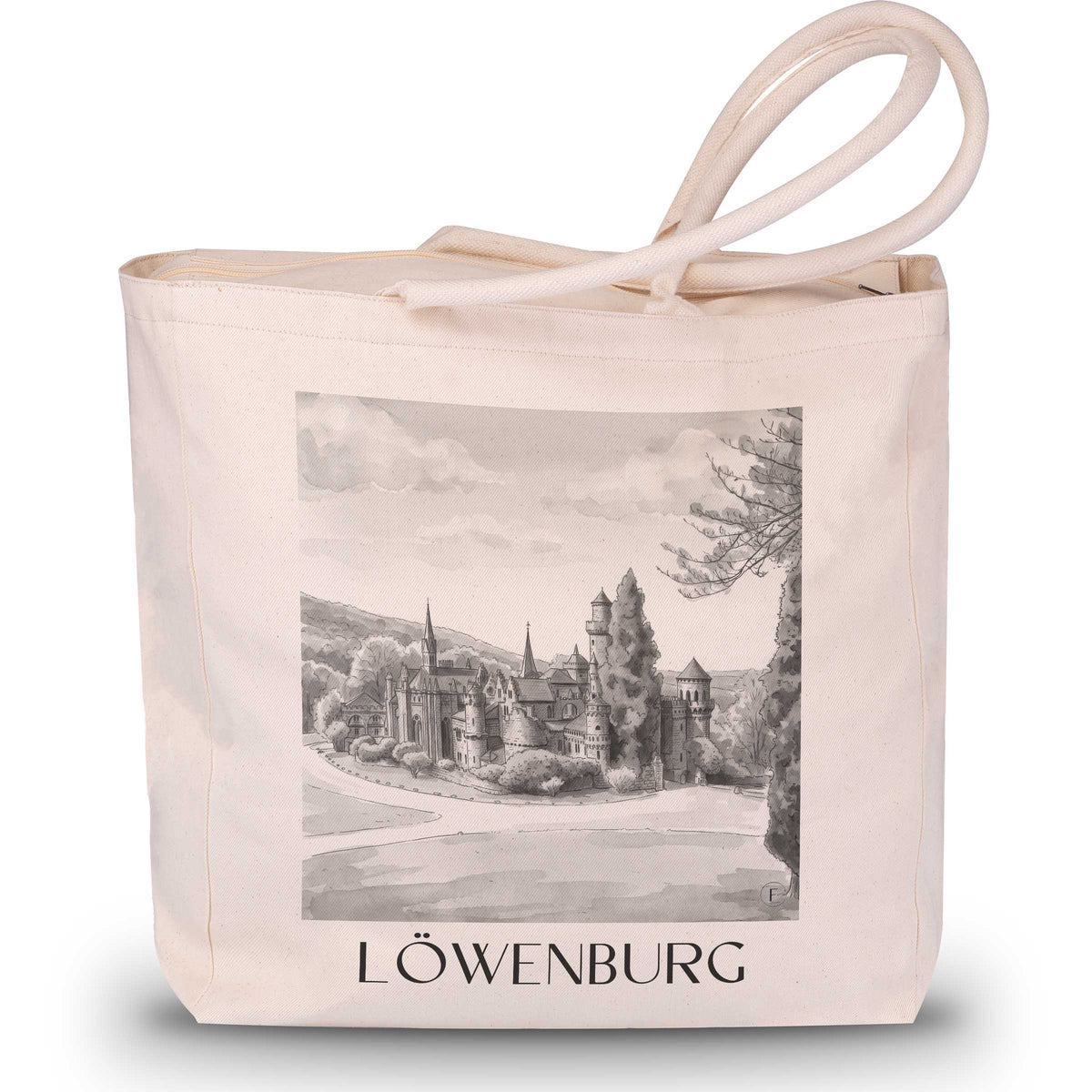 Löwenburg Shopping Tasche - Kassel - Deutschland Tote Bag - Einkaufstasche im Aquarell Schwarz-Weiß Stil - favplace