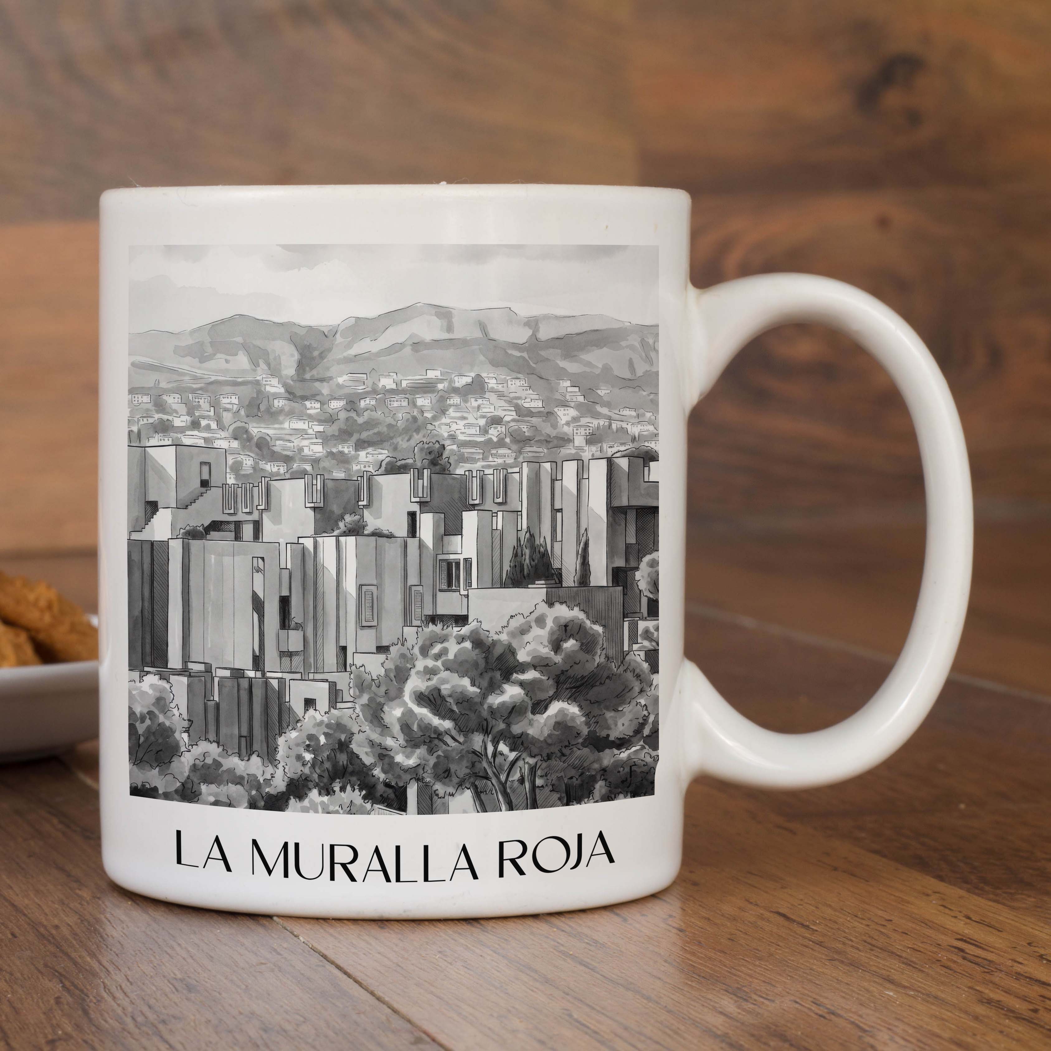 la-muralla-roja-calpe-spanien-kaffeebecher-aquarell-schwarz-weiss