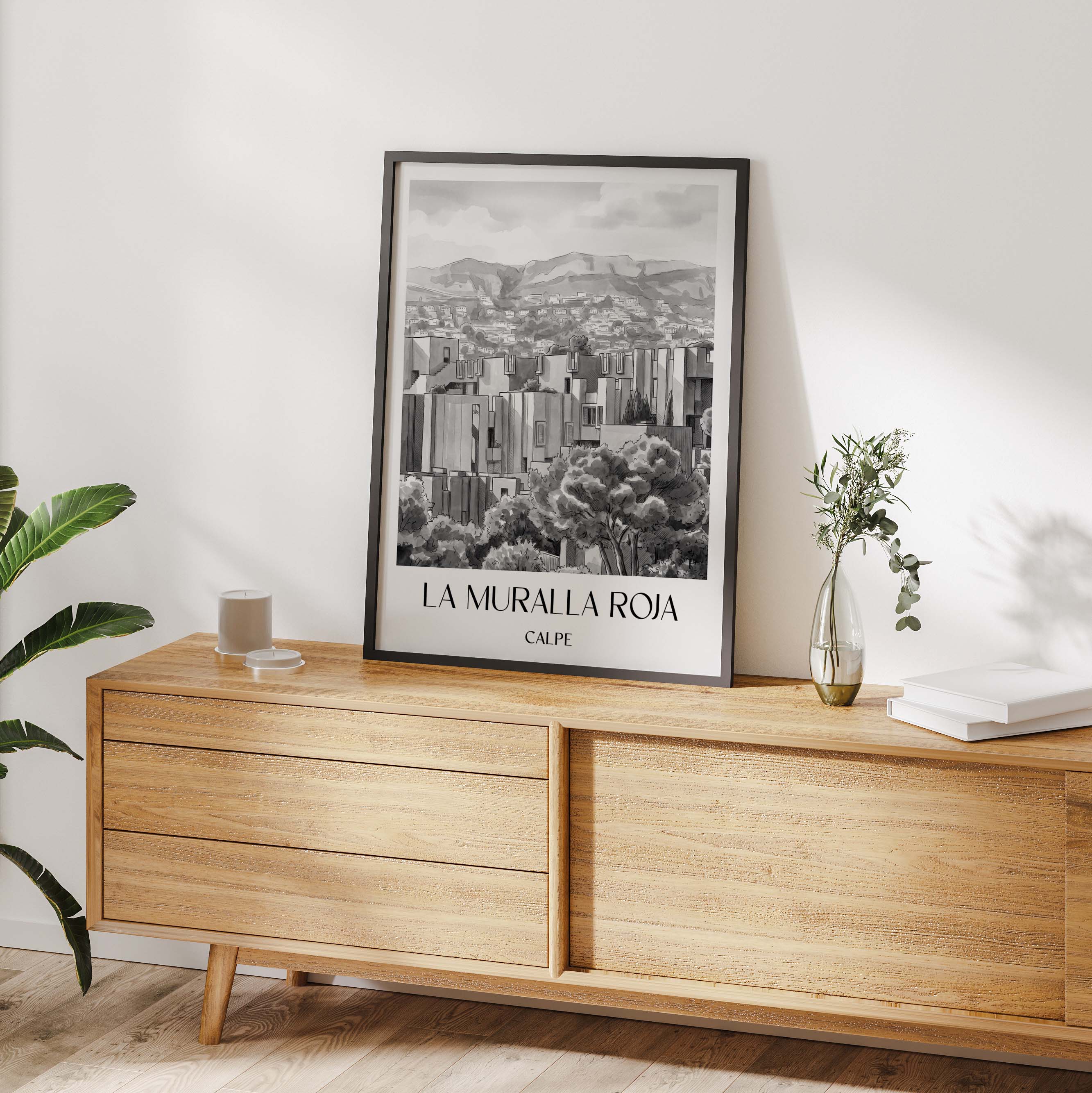 la-muralla-roja-calpe-spanien-poster-aquarell-schwarz-weiss