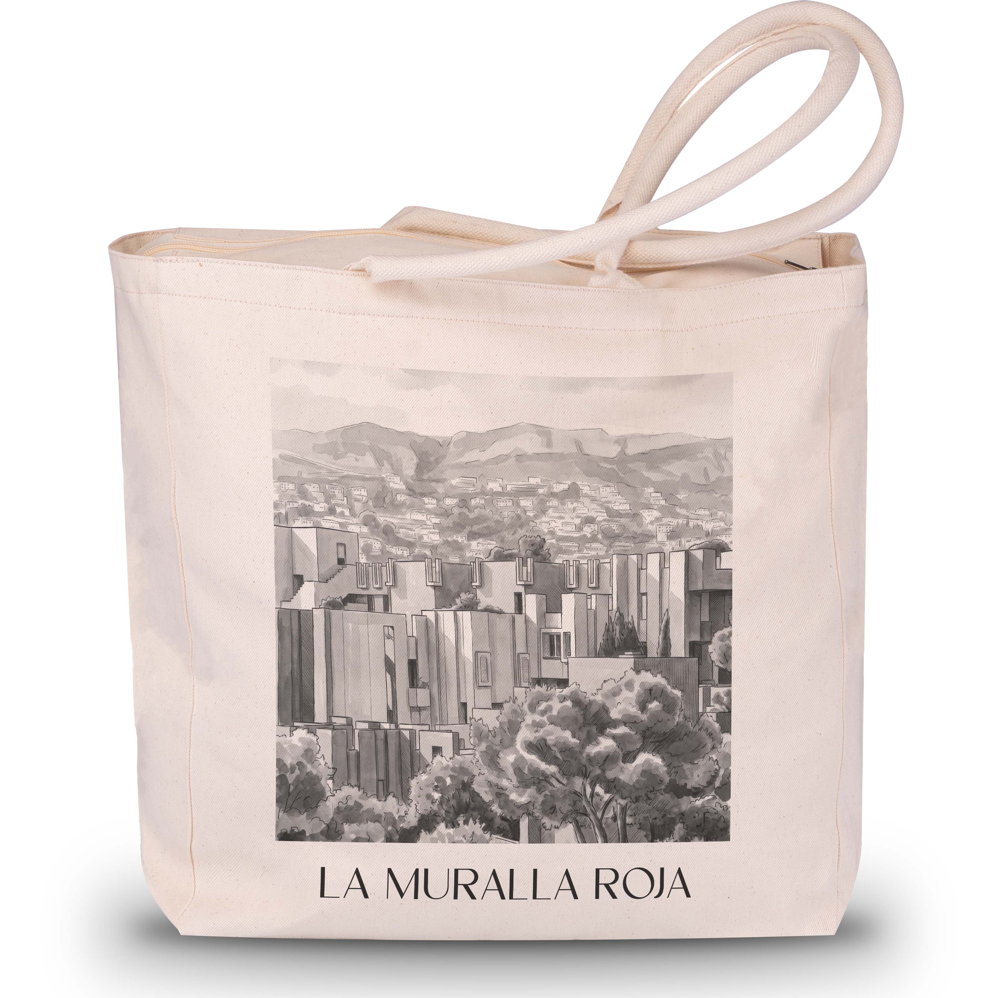La Muralla Roja Shopping Tasche - Calpe - Spanien Tote Bag - Einkaufstasche im Aquarell Schwarz-Weiß Stil - favplace