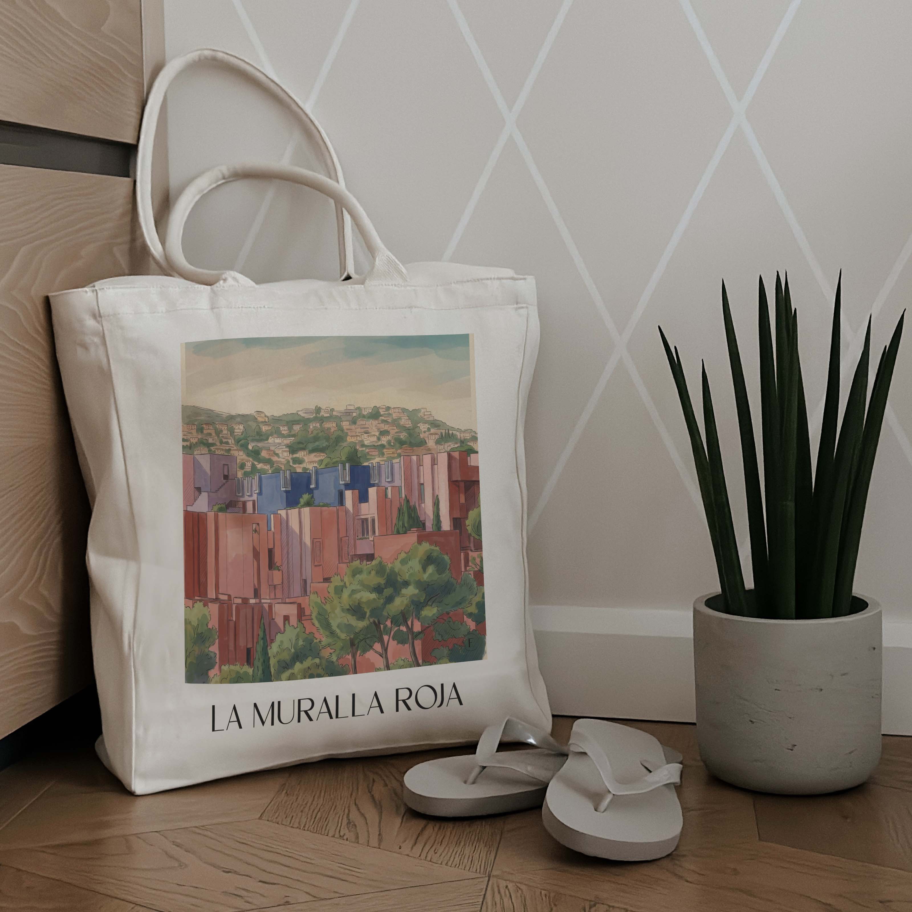 la-muralla-roja-calpe-spanien-einkaufstasche-aquarell