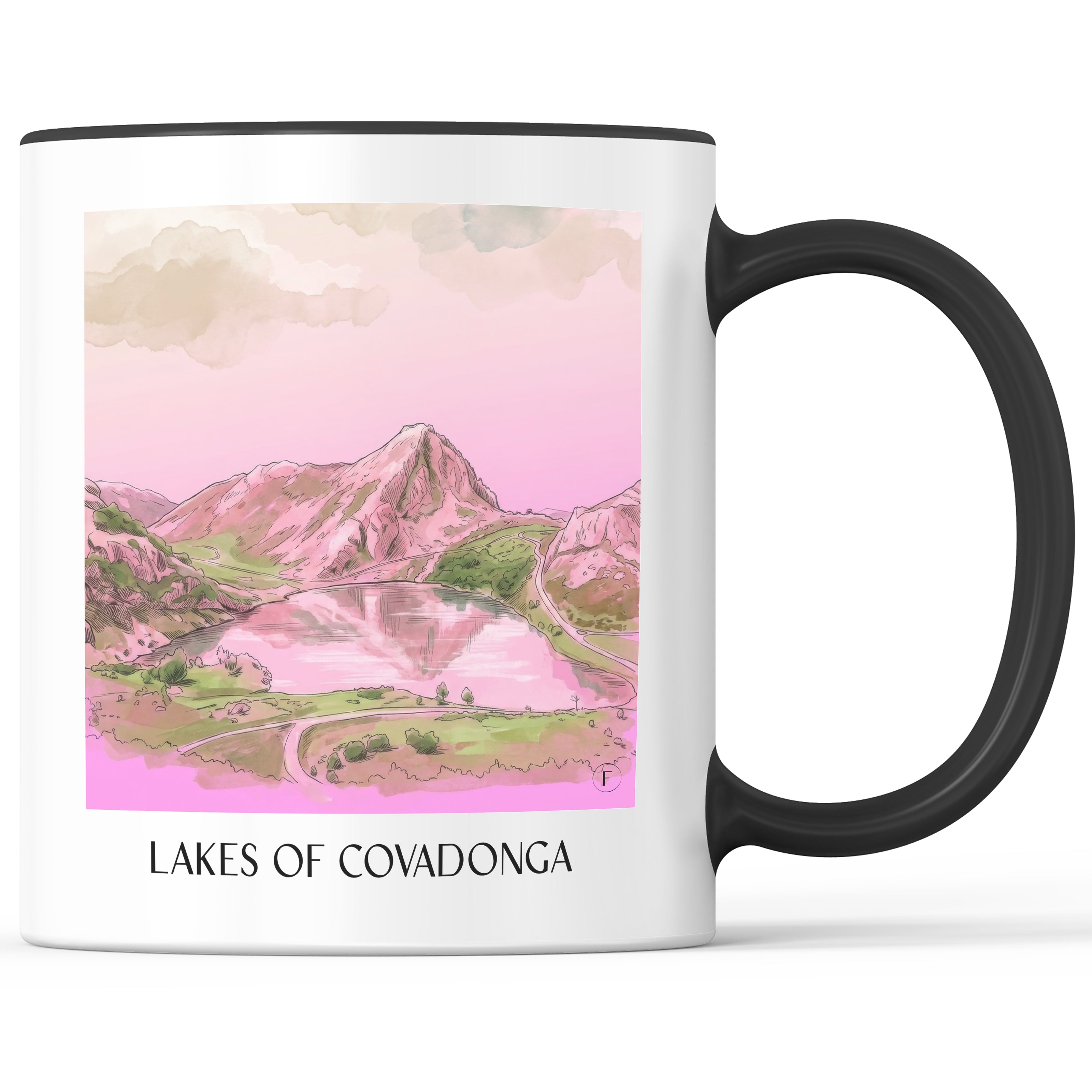 Lagos de Covadonga Kaffeebecher - Asturien - Spanien Becher - Kaffeetasse im Aquarell Pink Stil - favplace