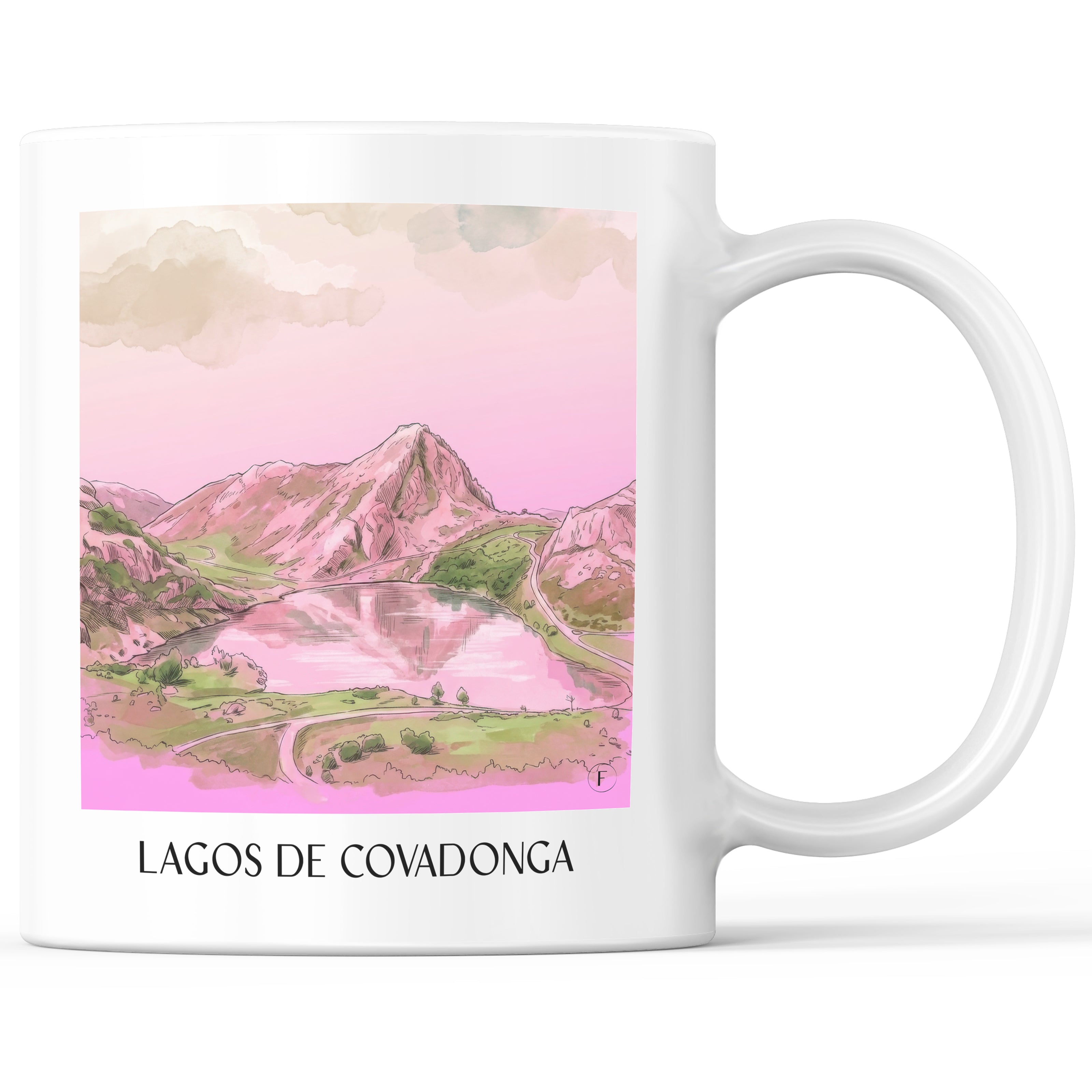 Lagos de Covadonga Kaffeebecher - Asturien - Spanien Becher - Kaffeetasse im Aquarell Pink Stil - favplace