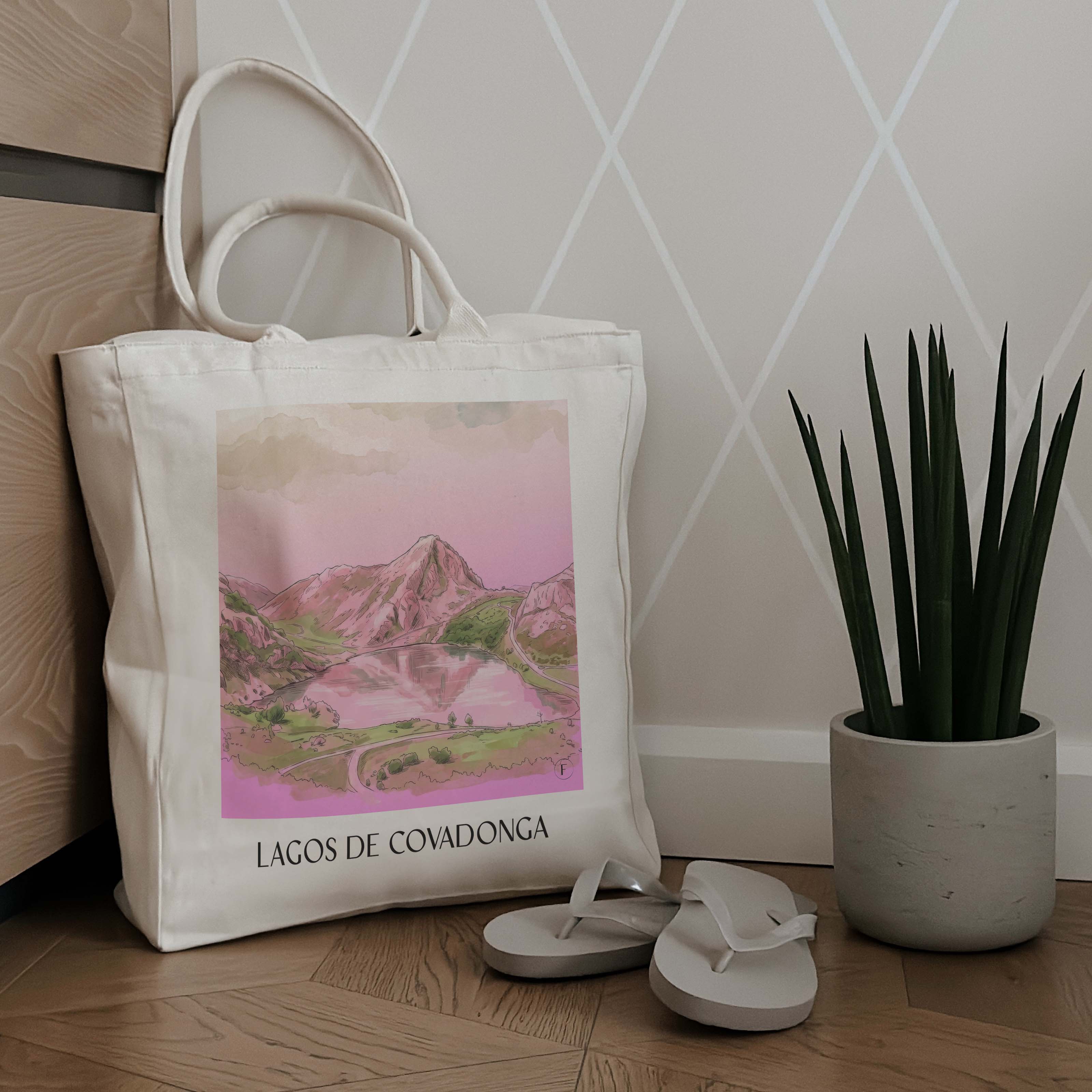 lagos-de-covadonga-asturien-spanien-einkaufstasche-aquarell-pink-rosa