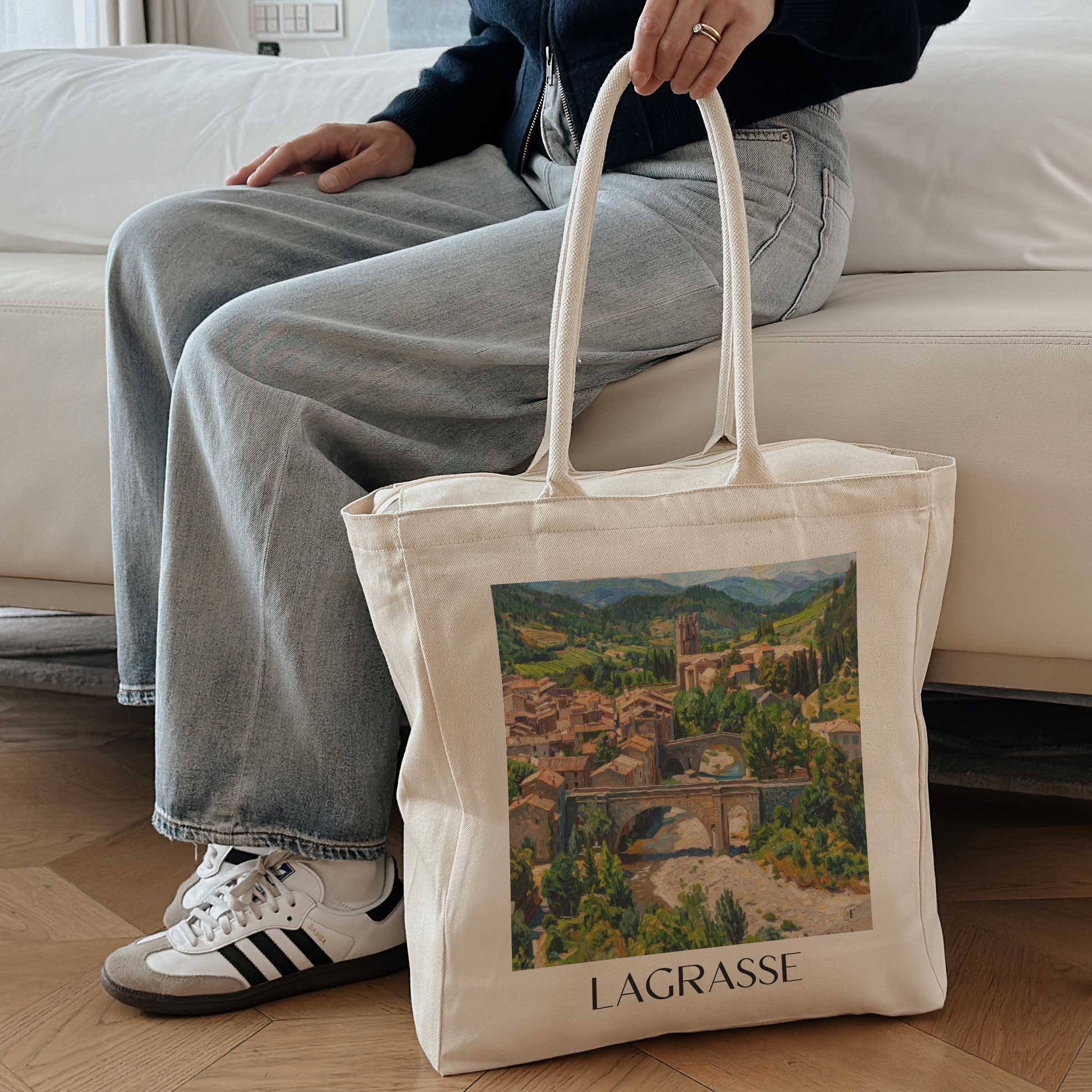 lagrasse--corbières-frankreich-einkaufstasche-oil-painting-oelgemaelde